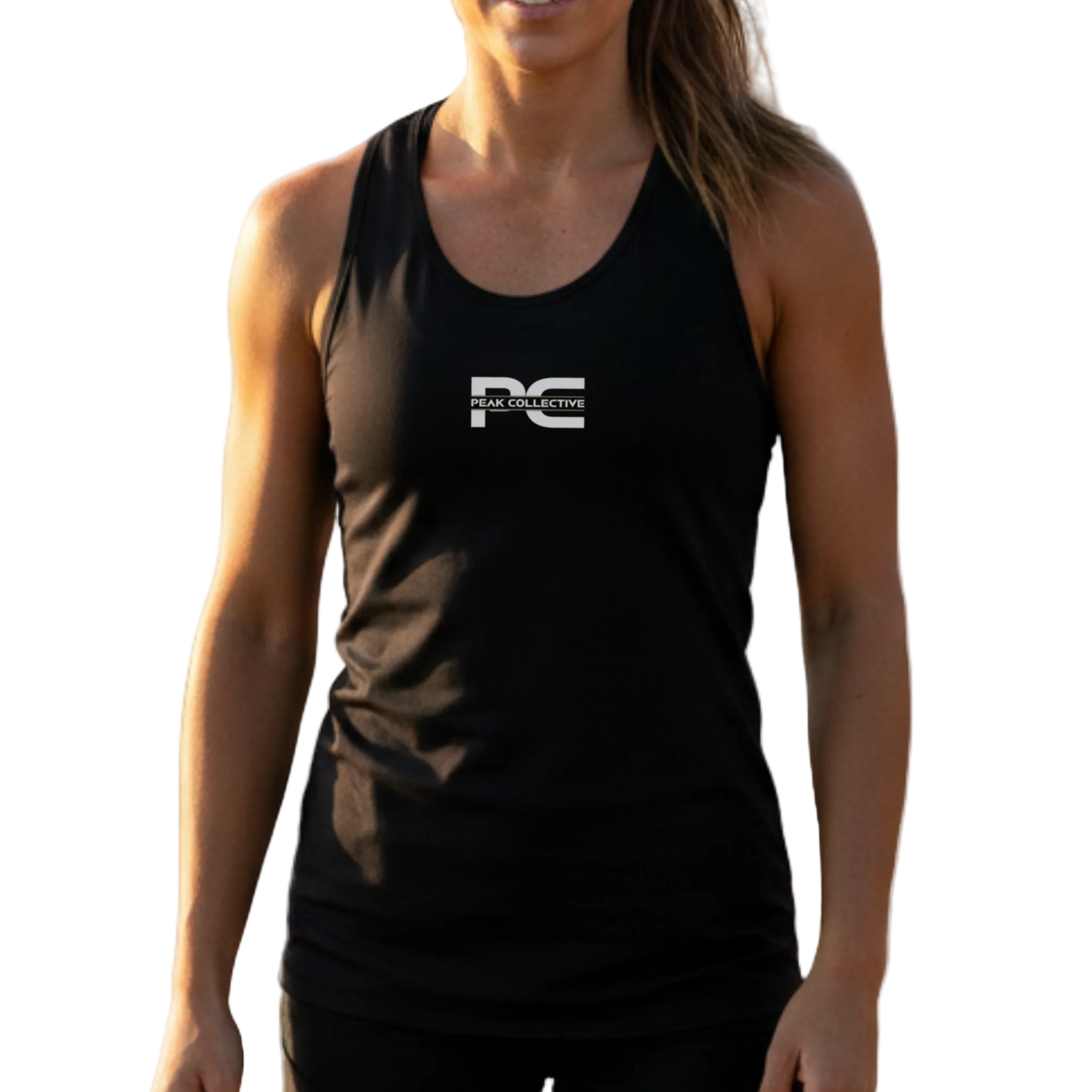 Woman wearing AuraVest women’s performance vest in black with a visible logo on a light grey background, designed for running, training, and active wear.