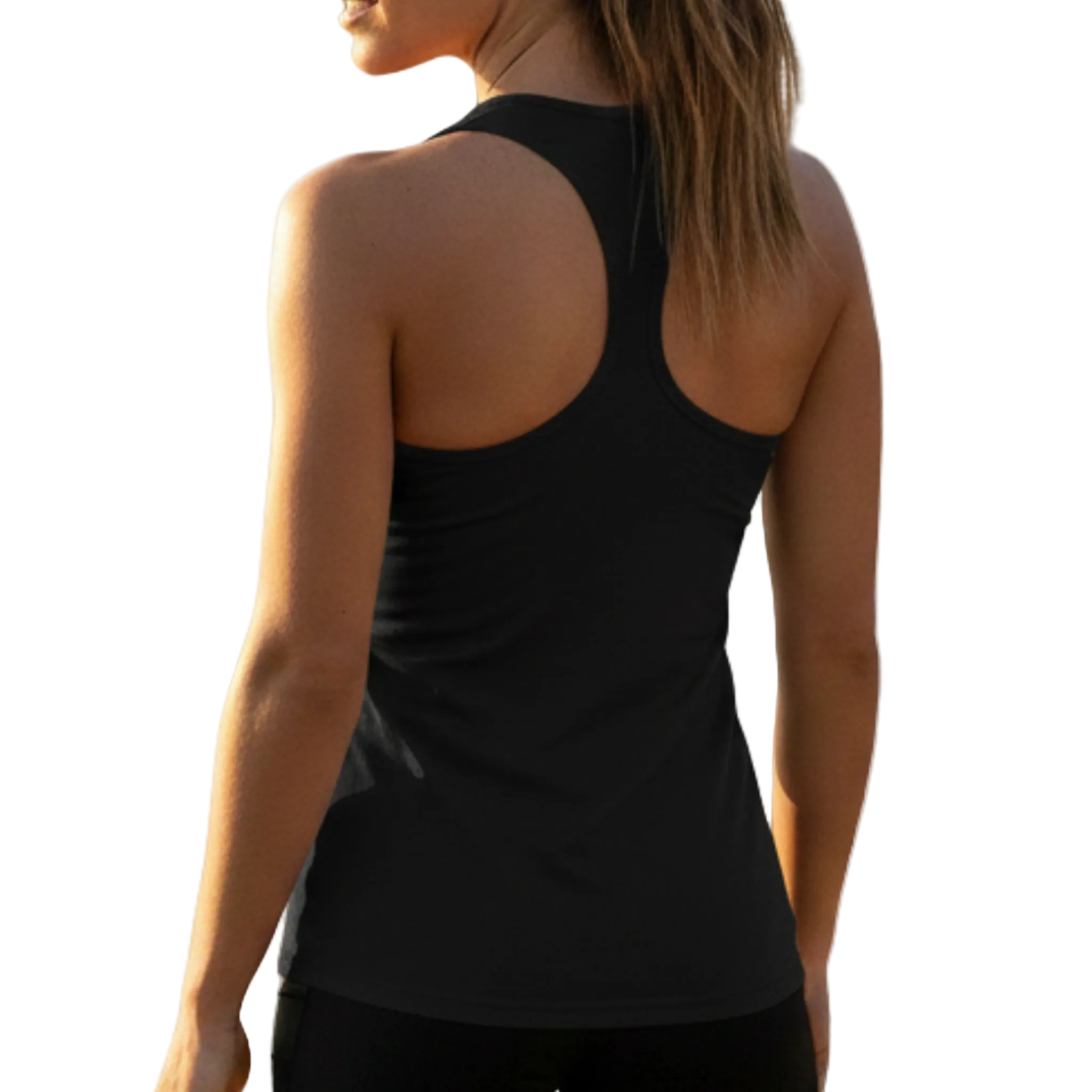 Person wearing AuraVest women’s performance vest in black with their back to the camera. Displayed on a light background, designed for training, running, workouts, and active movement.