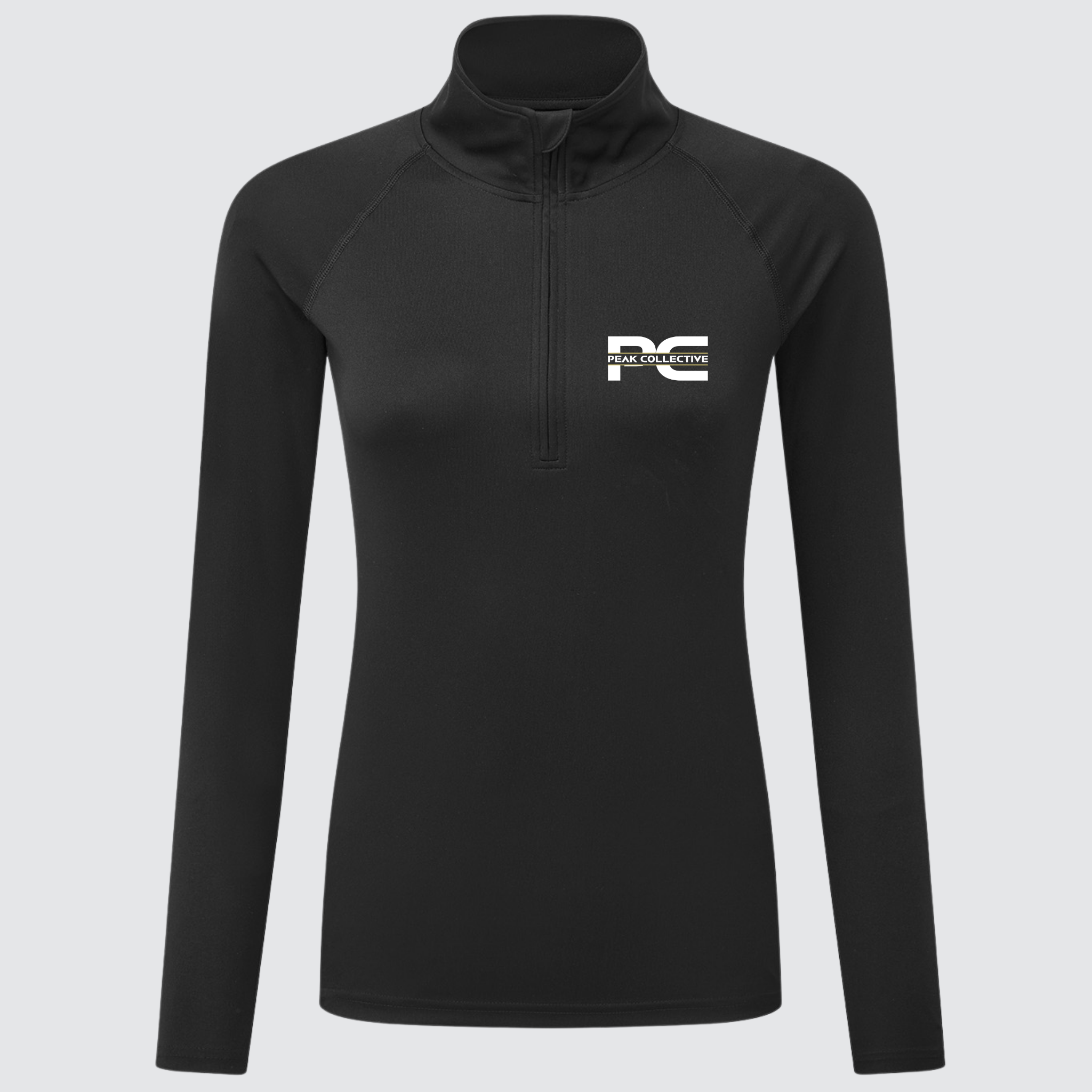 Women’s black long-sleeve performance t-shirt with logo, displayed on a neutral grey background, perfect for training, running, gym, and active lifestyle.