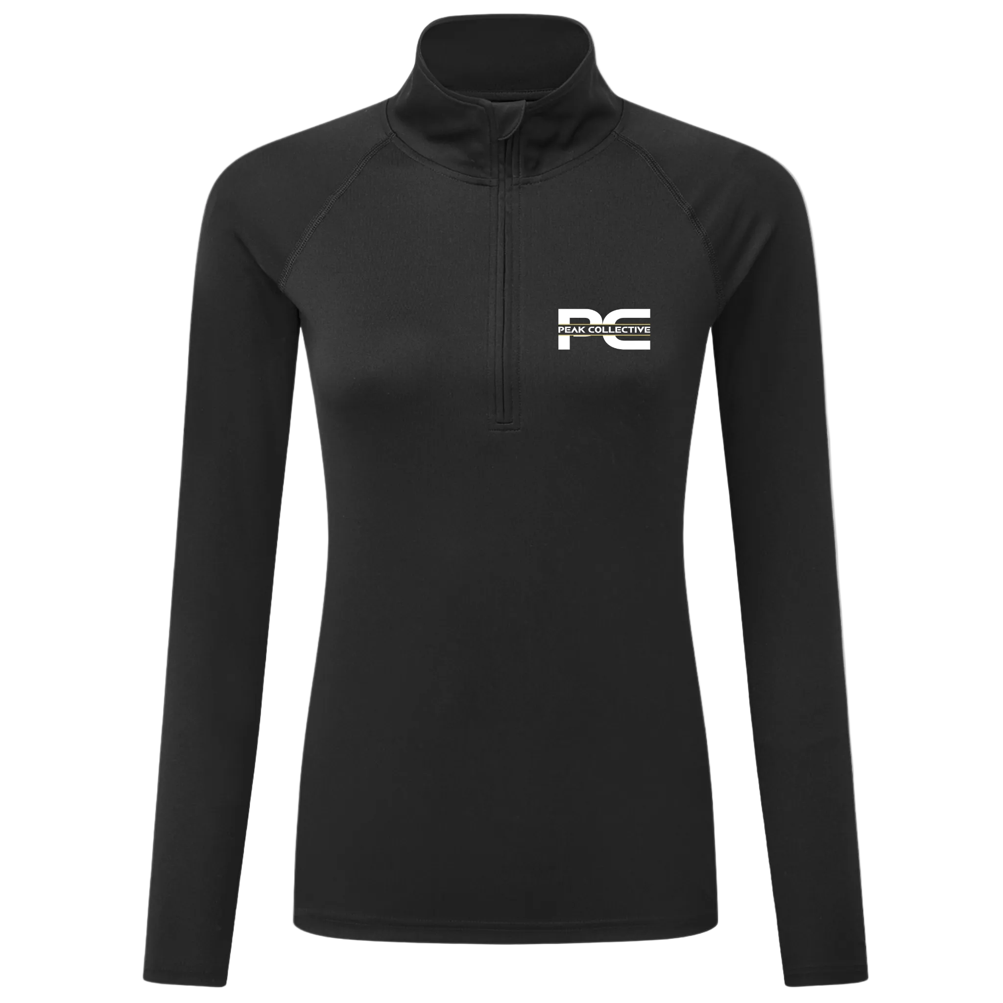 Women’s black long-sleeve performance t-shirt with logo, displayed on a neutral grey background, perfect for training, running, gym, and active lifestyle.
