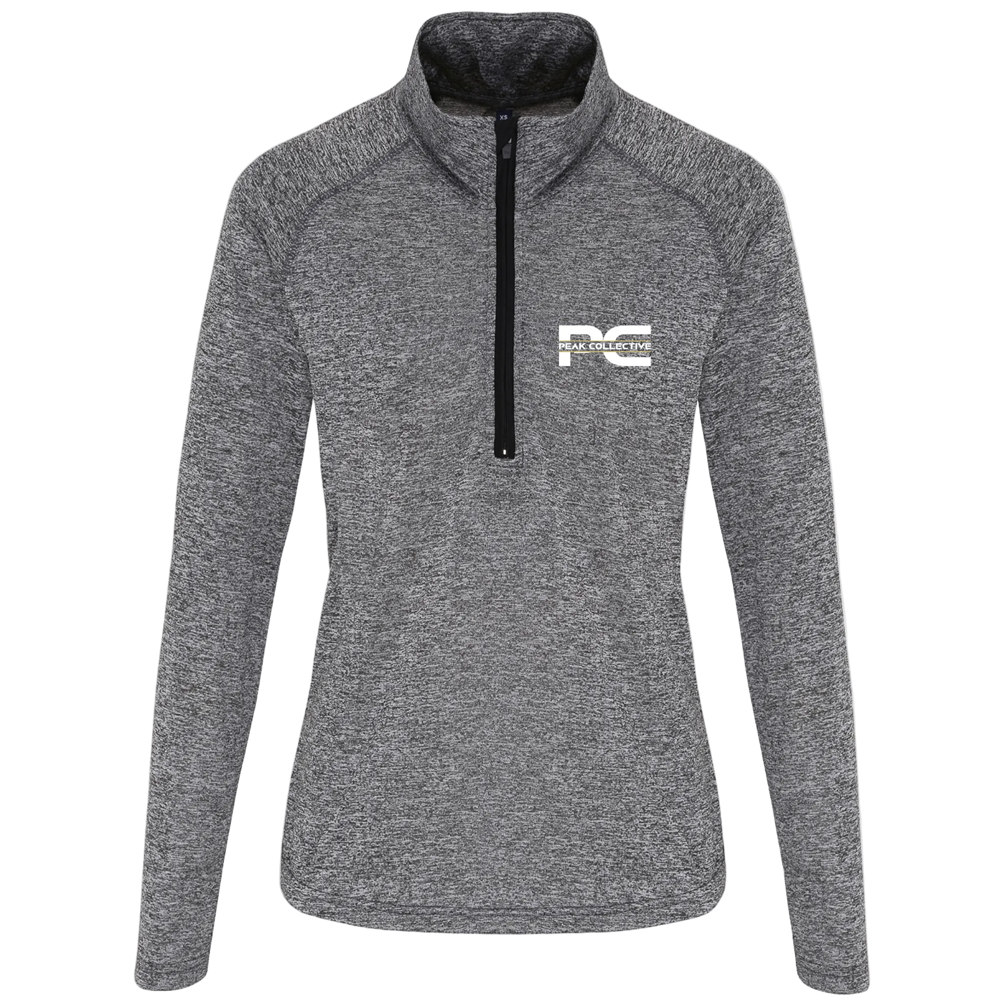 Women’s grey long-sleeve performance t-shirt with logo, displayed on a neutral grey background, perfect for training, running, gym, and active lifestyle.