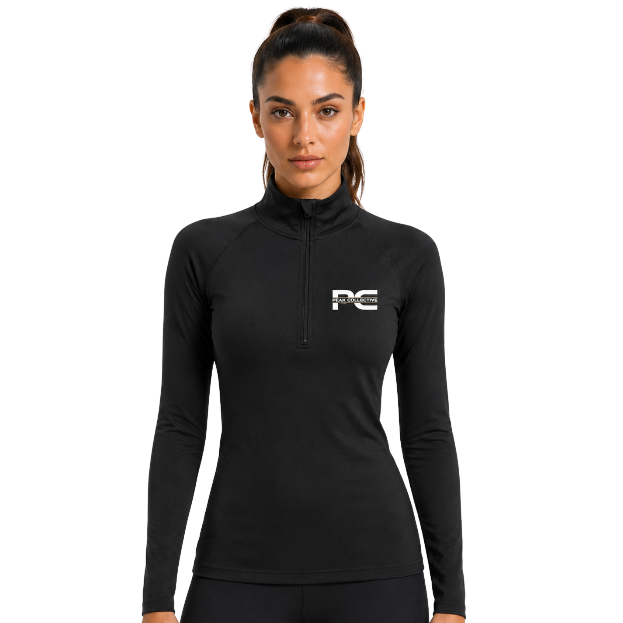 Woman wearing Black/Black AuraZip 1/4 long-sleeve performance top – lightweight women’s running layer for training, gym workouts, jogging, and activewear performance