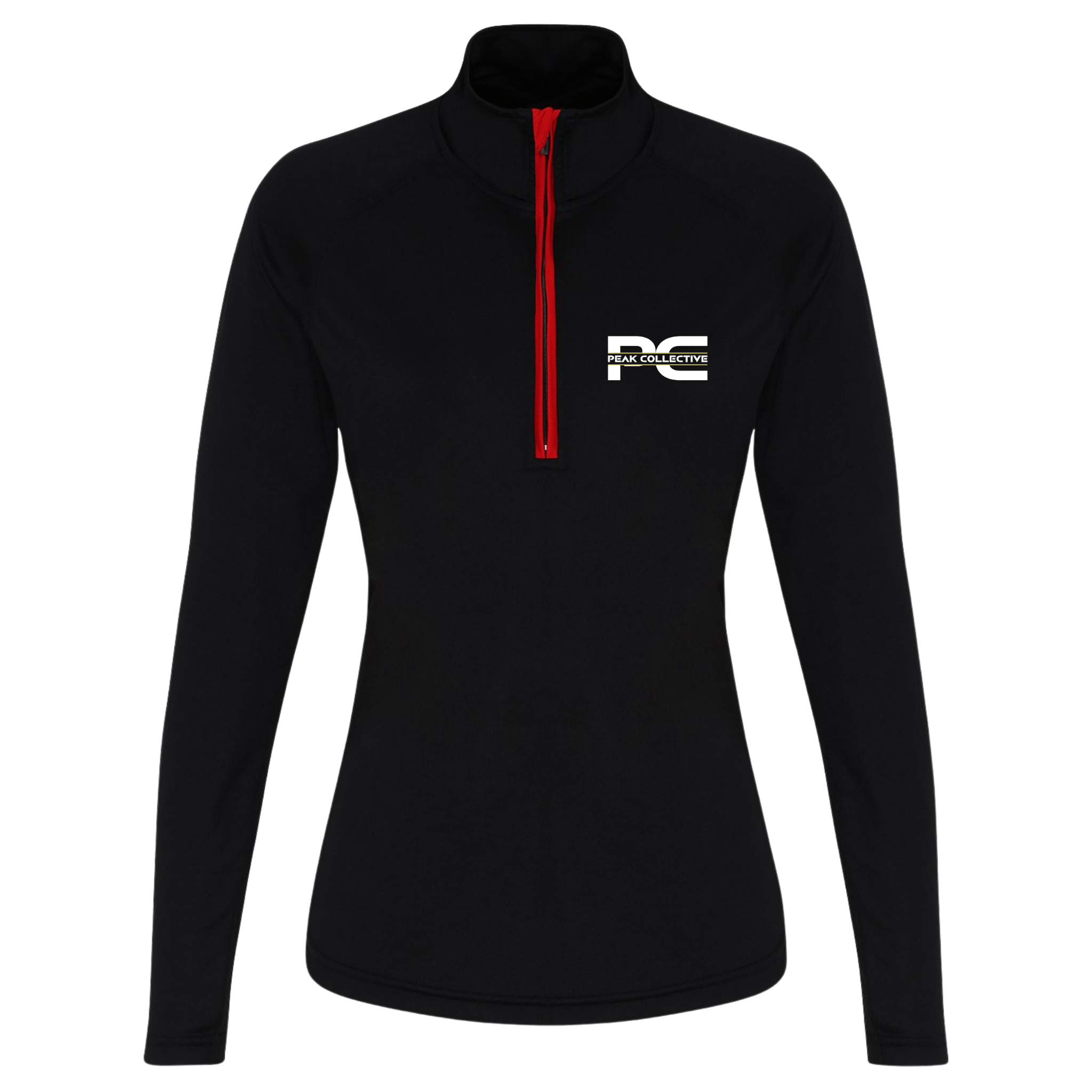 Women’s Black/Red AuraZip 1/4 zip long-sleeve performance jacket with logo, displayed on a light grey background, designed for active training, running and outdoor workouts.