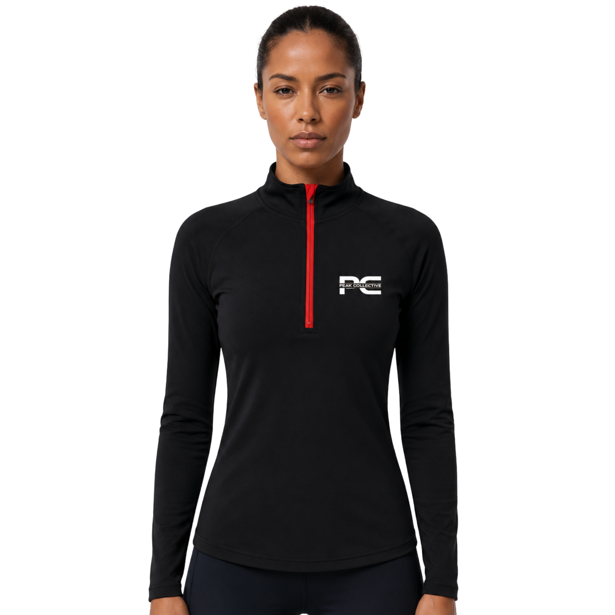 Woman wearing black/red AuraZip 1/4 long-sleeve performance top – lightweight women’s running layer for training, gym workouts, jogging, and activewear performance