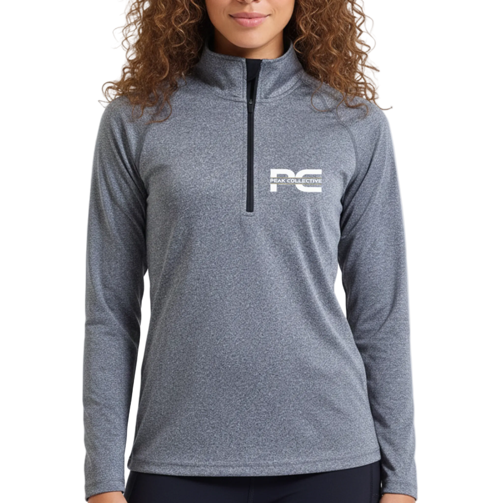 Woman wearing AuraZip 1/4 long sleeve performance top in grey with a visible logo on a light grey background, designed for running, training, and active wear.