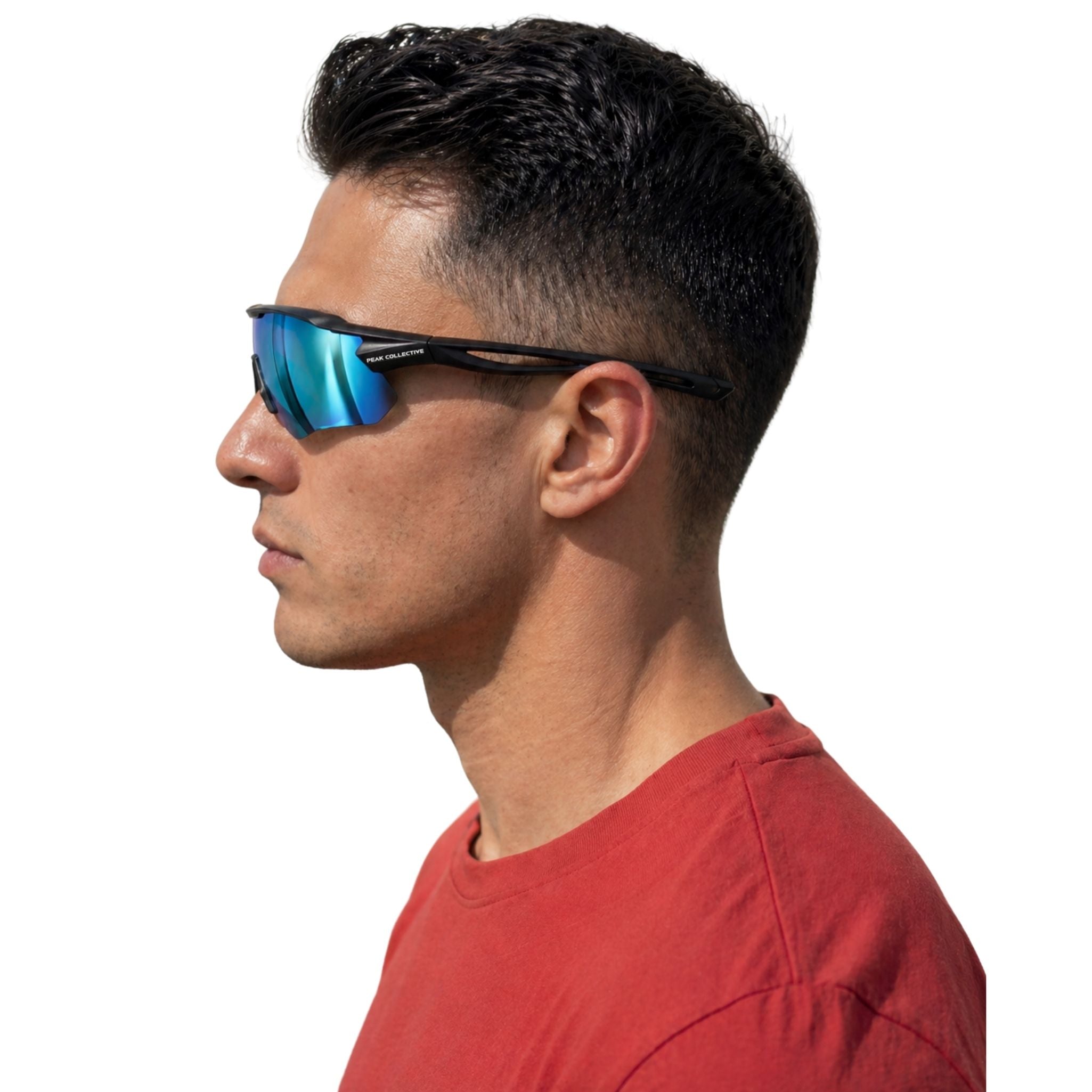 Male runner wearing Peak Collective CoreLens 3 in 1 running sunglasses. UV400 performance sunglasses with blue peacock interchangeable lens and red running top