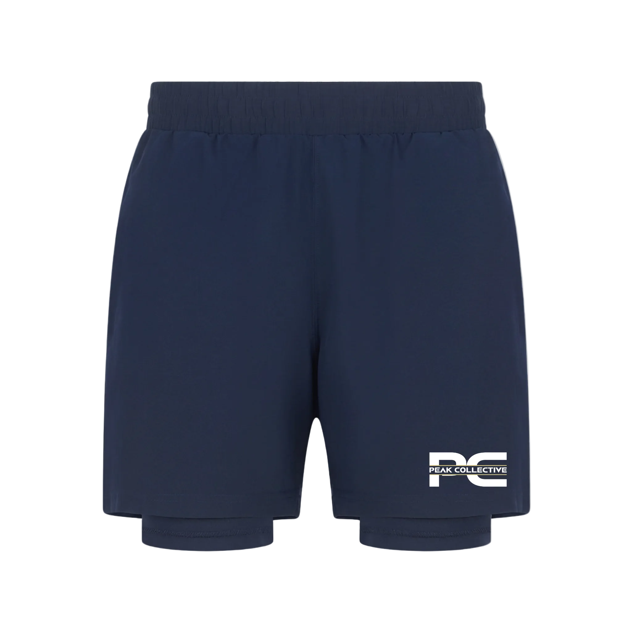 CoreShorts men’s navy blue double-layer sports shorts with four-way stretch, integrated undershorts, and zip pockets on a light grey background, ideal for running and gym workouts.
