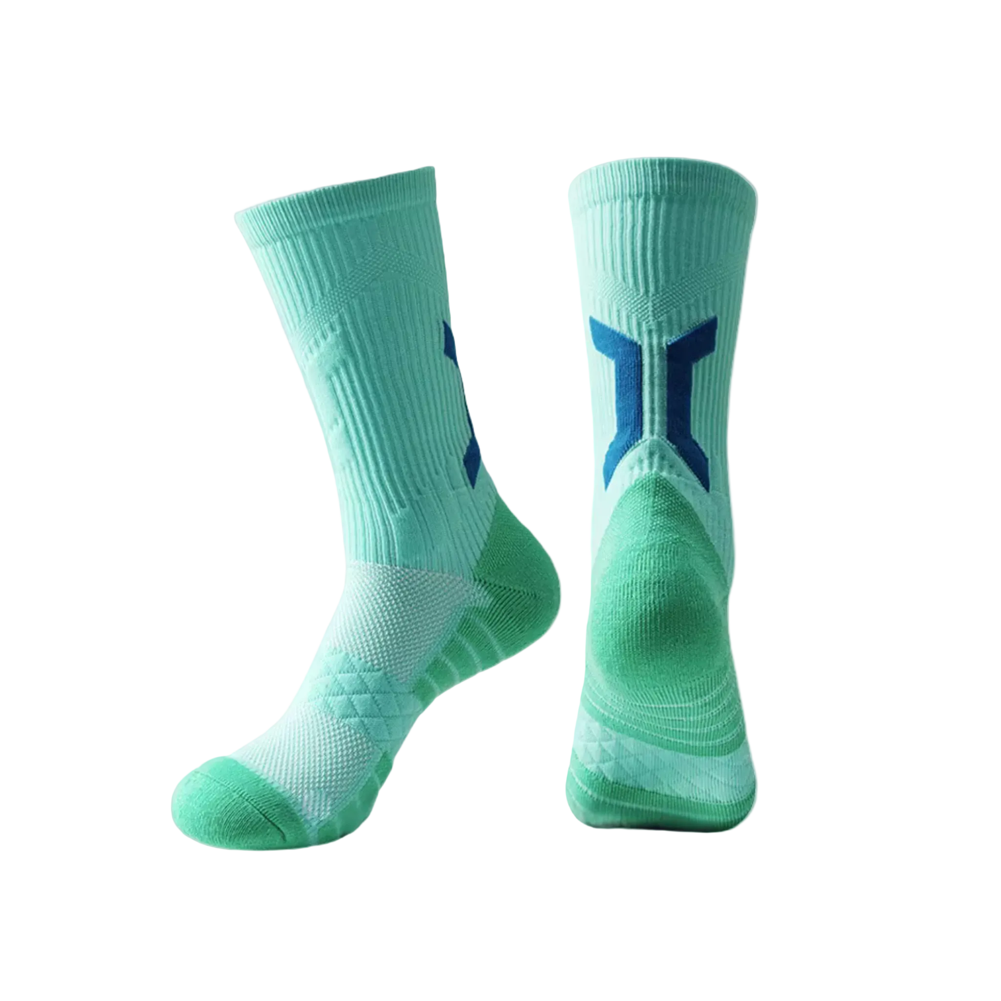 Pair of CoreSteppers athletic socks in Momentum Green displayed on a light grey background, designed for performance comfort and support.