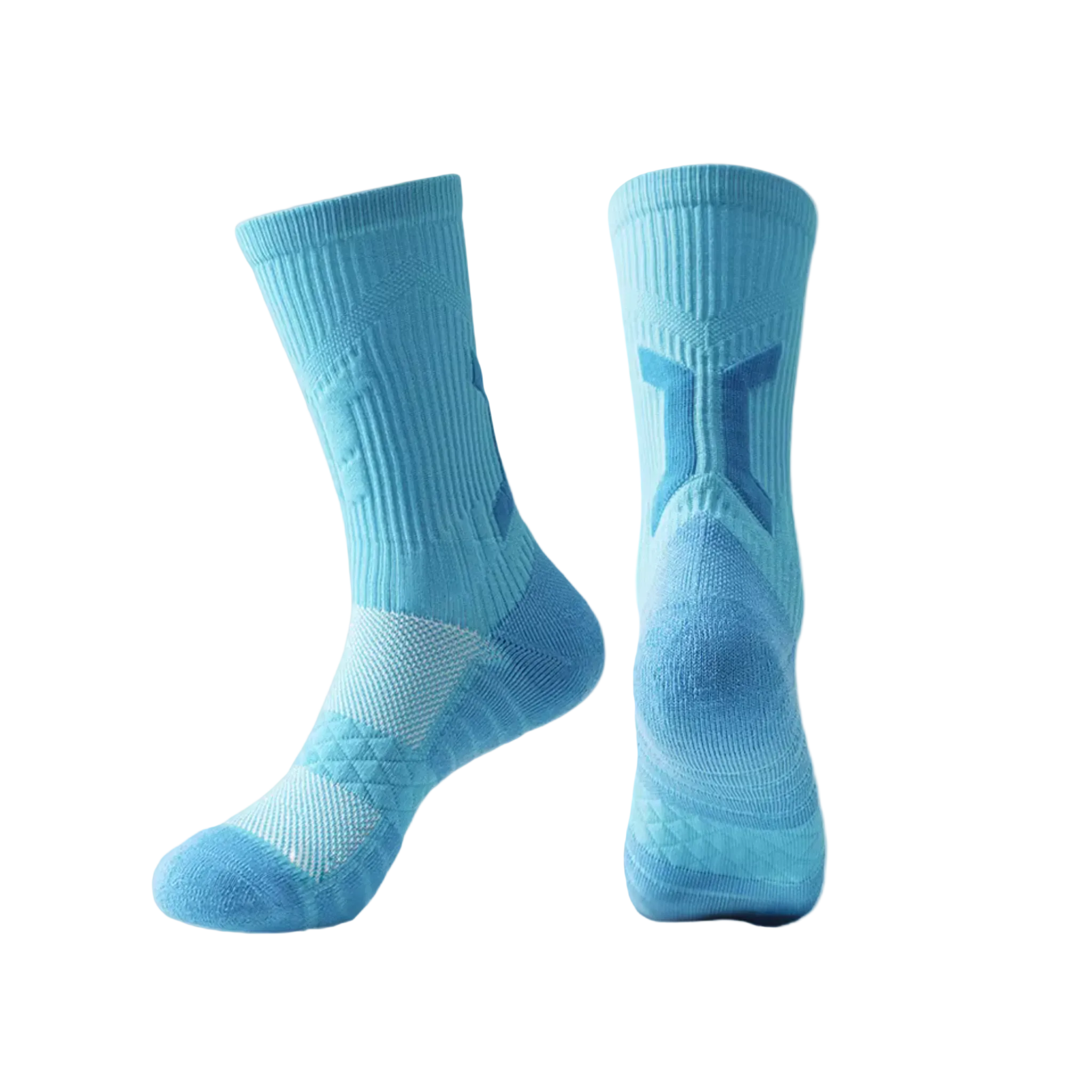 Pair of CoreSteppers athletic socks in Velocity Blue displayed on a light grey background, designed for performance comfort and support.