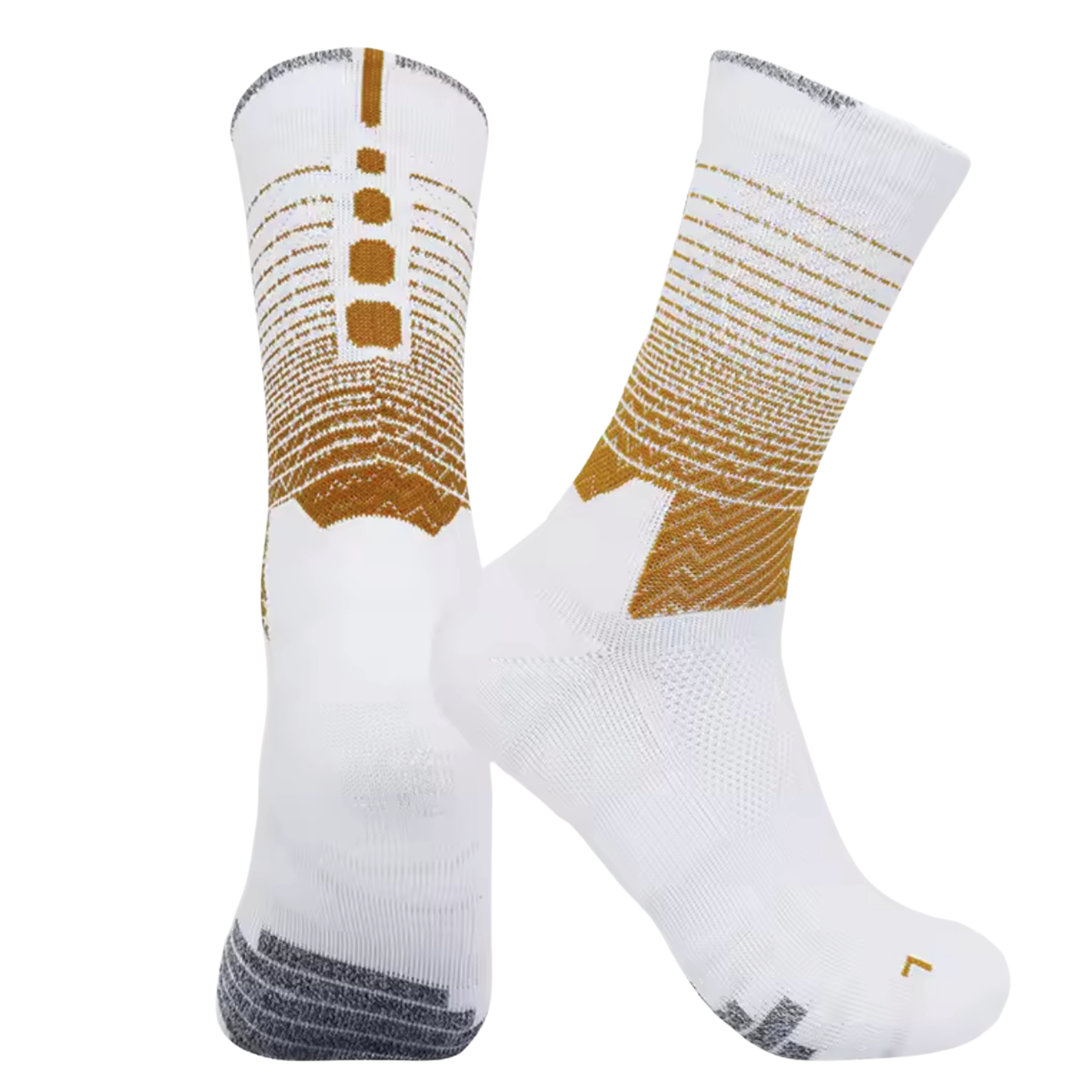 Pair of white and gold CoreStride athletic socks with black and grey accents on a light grey background. Designed for runners and athletes needing comfort, support, and breathable performance.