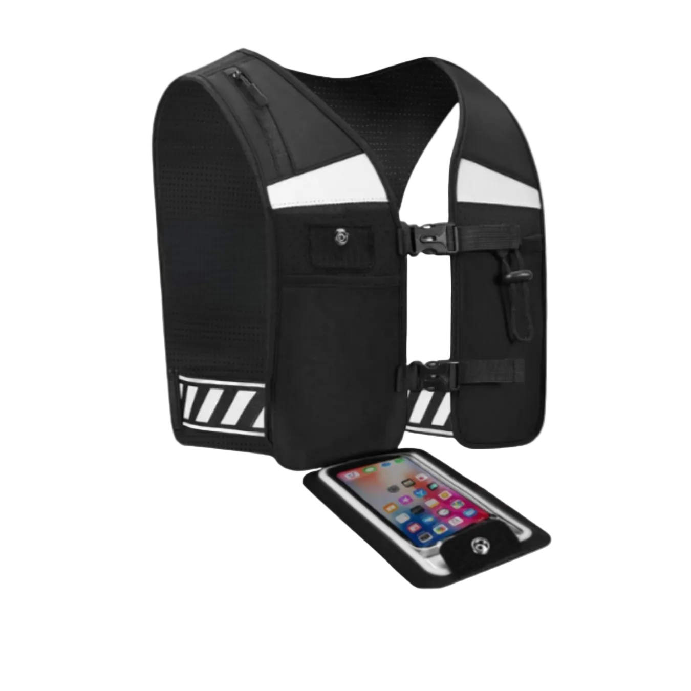 Unisex black CoreVest running vest with reflective stripes, shown with phone pouch open that fits most smartphones, featuring multiple pockets for hydration bottles and gel packs, displayed on a light grey background for running, training, and outdoor activities.