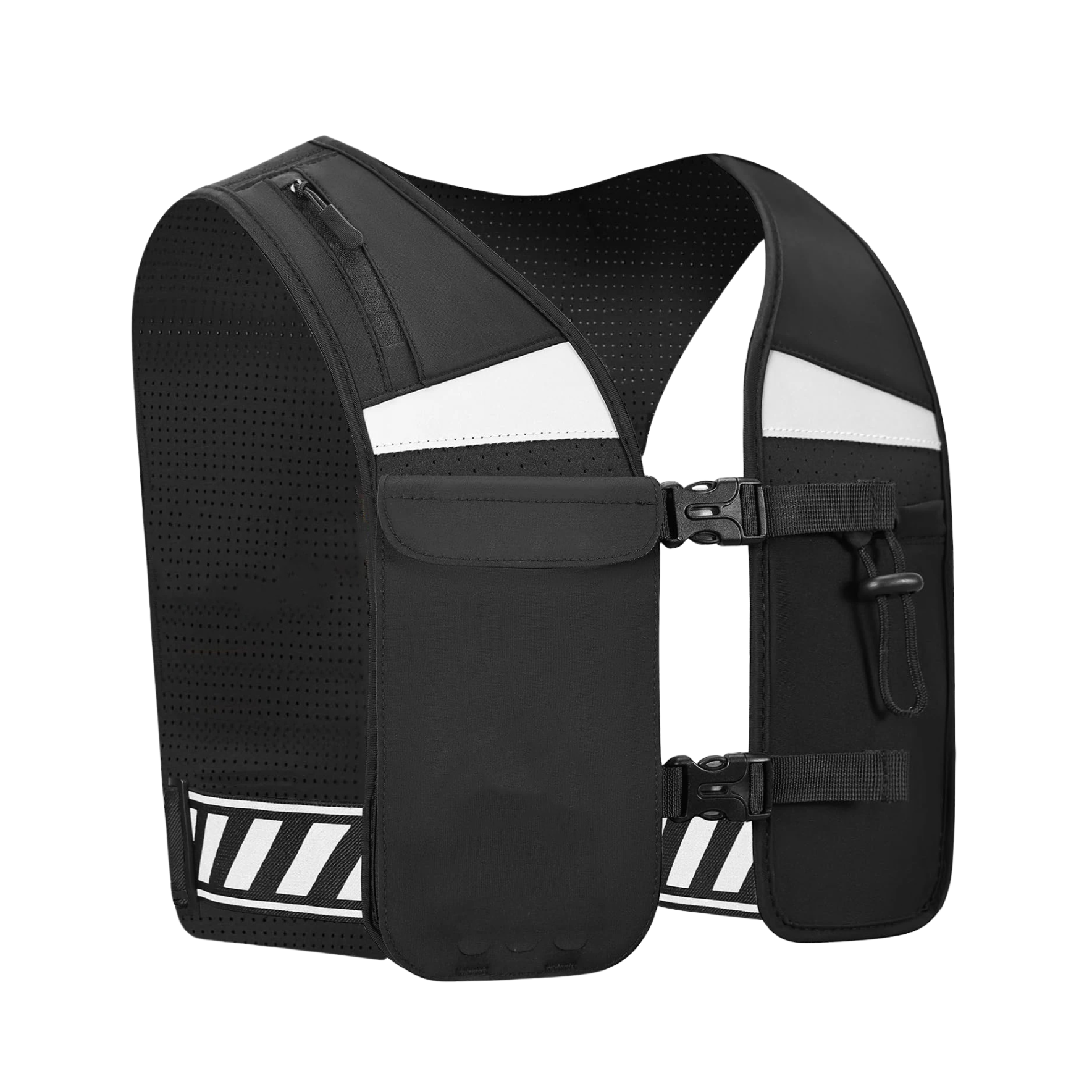 3D side perspective of black CoreVest unisex running vest showing reflective stripes, hydration and gel pockets, and touch-function phone holder, on a light grey background for running and active movement.