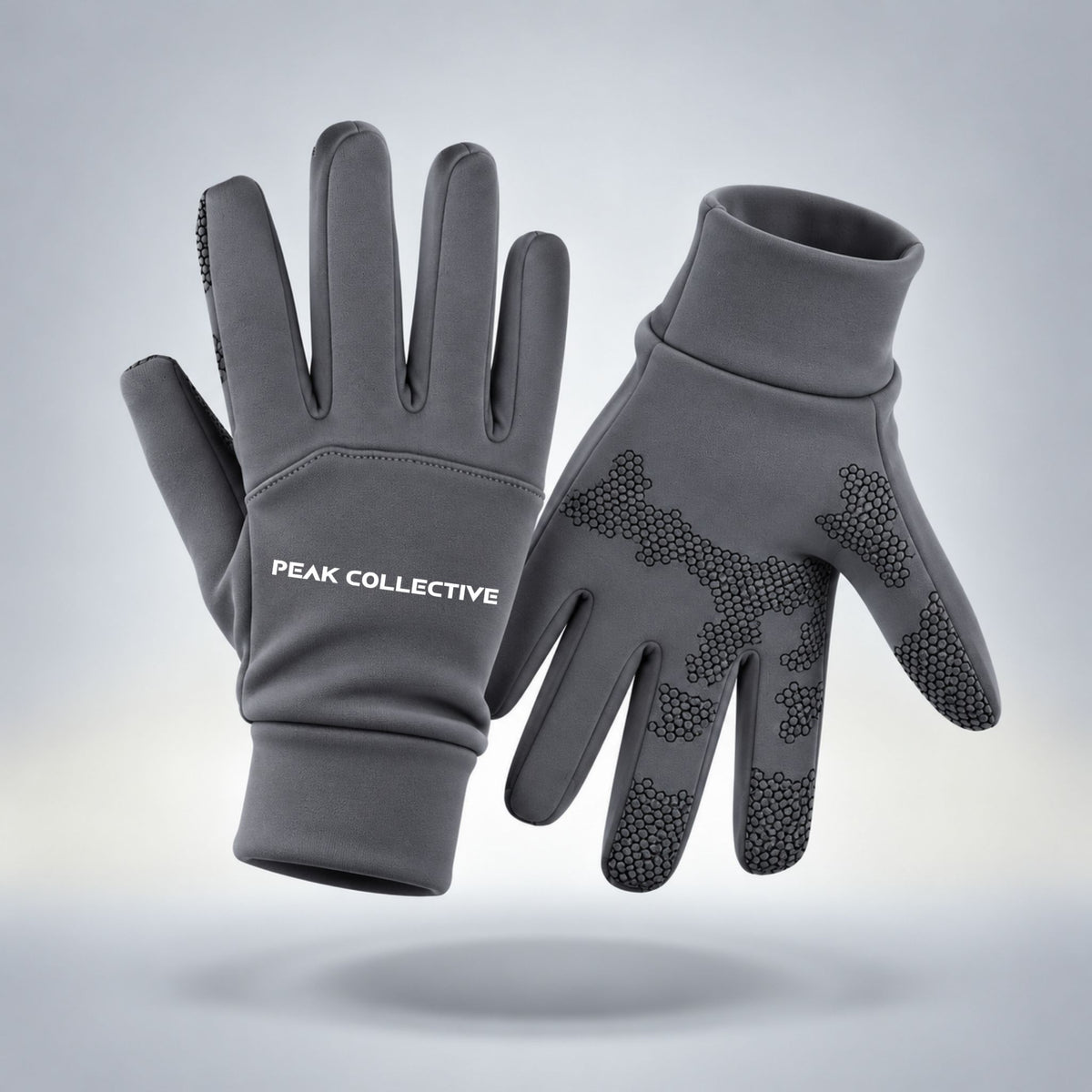 Black FrostGuard touchscreen running gloves with Peak Collective branding