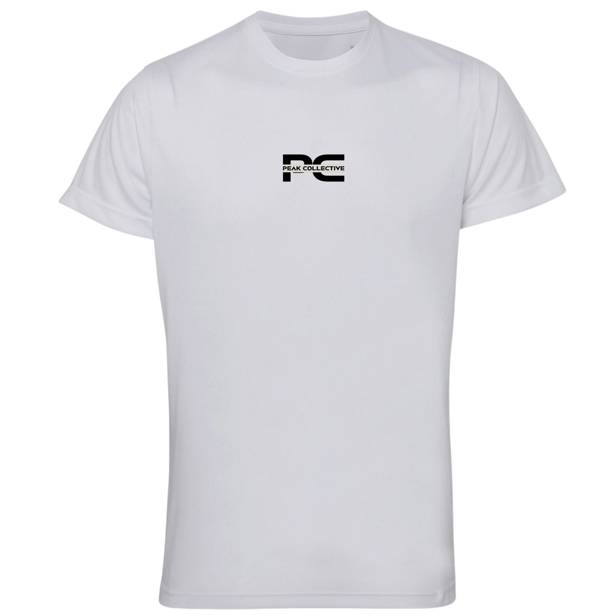 Front view of white Peak Collective FuelCrew men's running T-shirt with central black Peak Collective logo