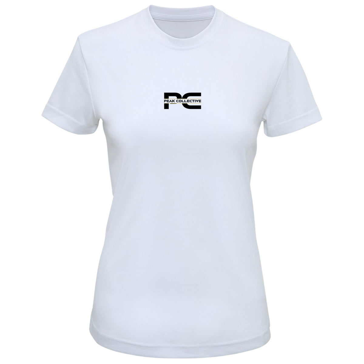 Front view of white Peak Collective FuelCrew women's running T-shirt with central black Peak Collective logo
