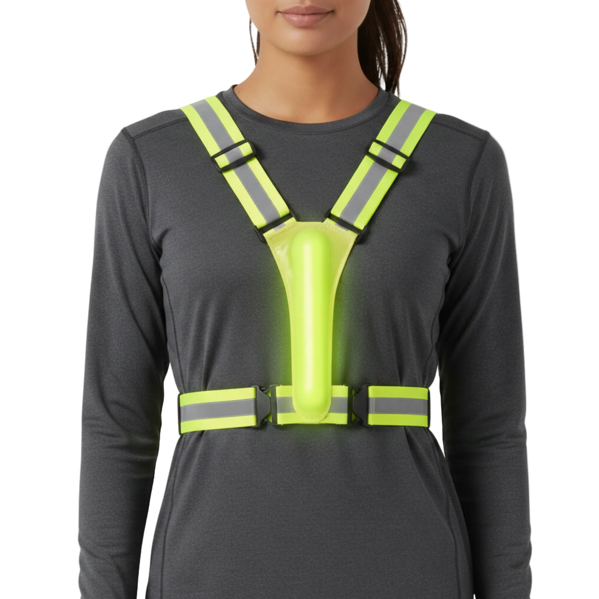 Woman wearing a yellow HaloVest reflective vest with built-in light, ideal for early morning, nighttime, and low-light fitness runs.