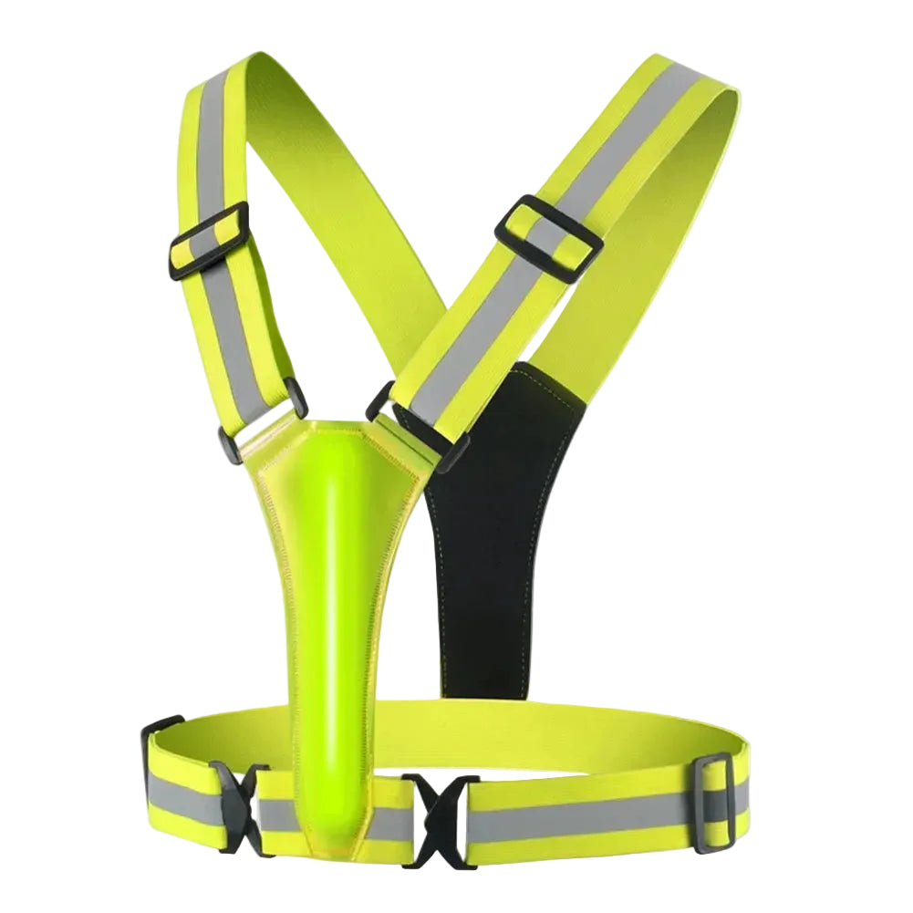 Yellow HaloVest running harness featuring reflective stripes on a white background, ideal for night runs, early morning jogging, and safe outdoor running workouts.