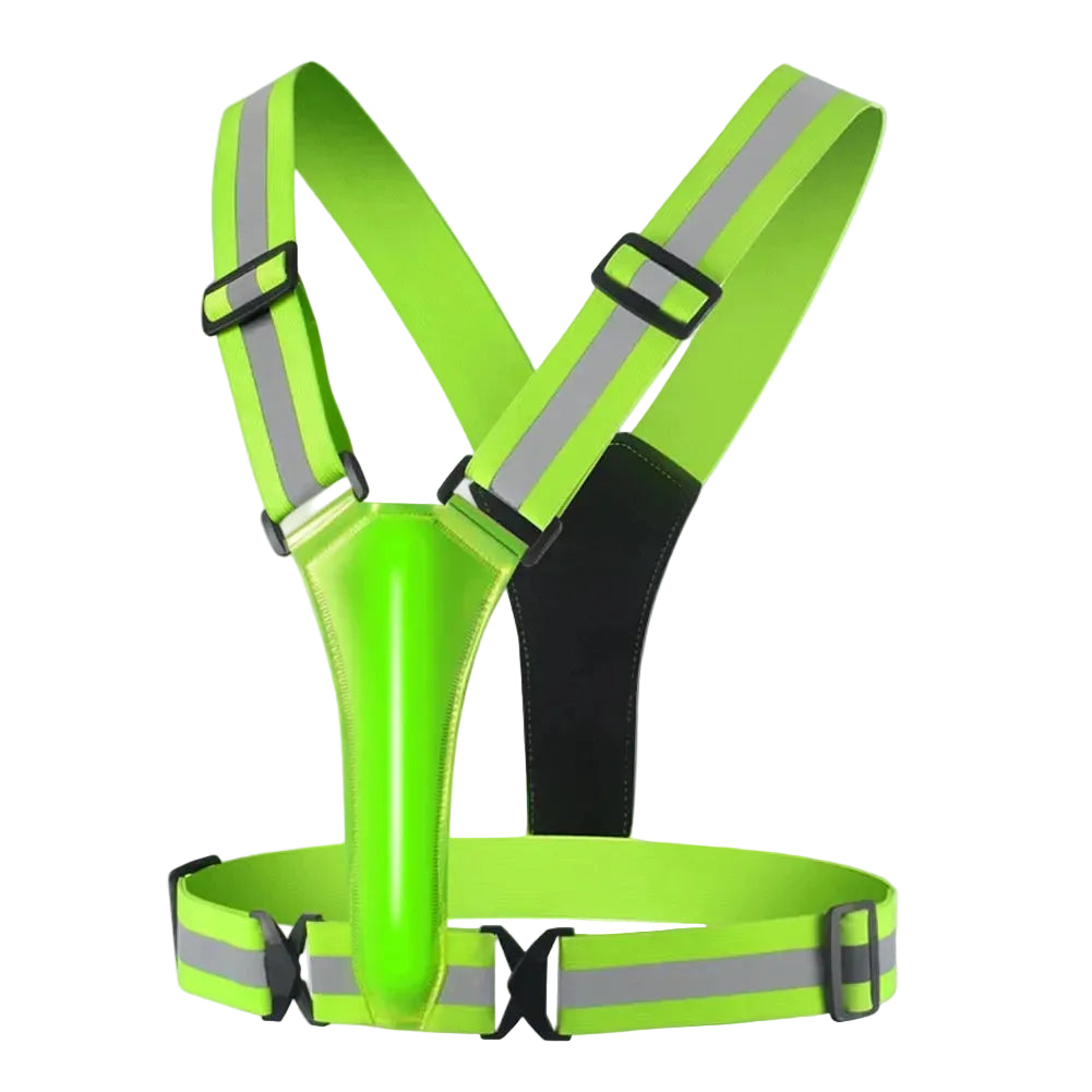Green HaloVest running harness with reflective strips, ideal for runners during low-light, nighttime, or early morning workouts, shown on a white background.