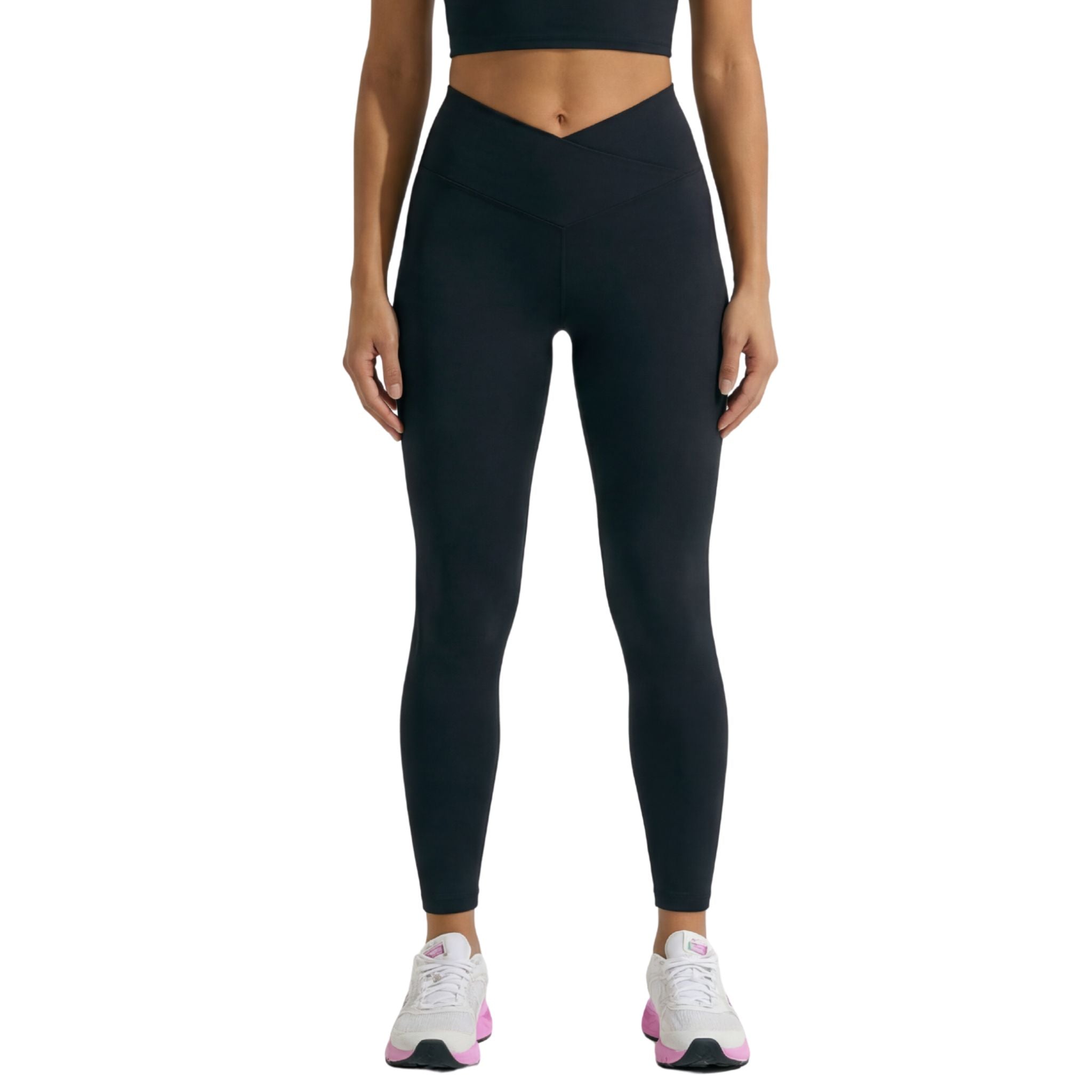 Front view of black LumaLeggings women’s performance leggings with crossover waistband on a clean white background, designed for running, gym training, yoga, and everyday activewear