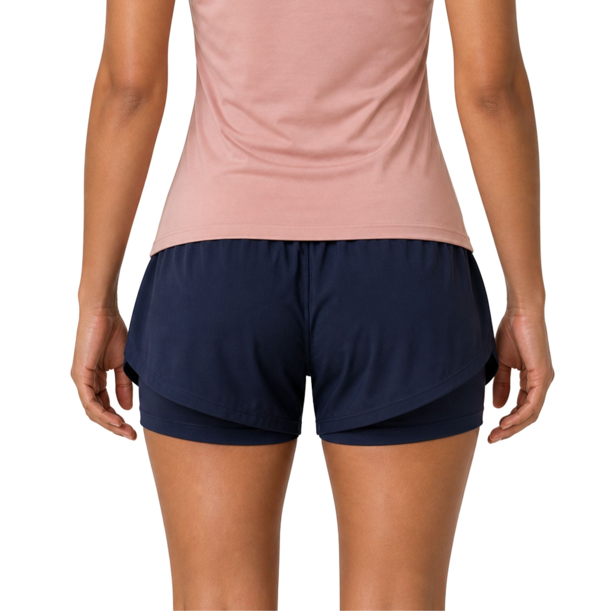 Back view of woman wearing navy performance athletic shorts with logo on white background – lightweight women’s running shorts for gym training, jogging, fitness workouts, and everyday activewear