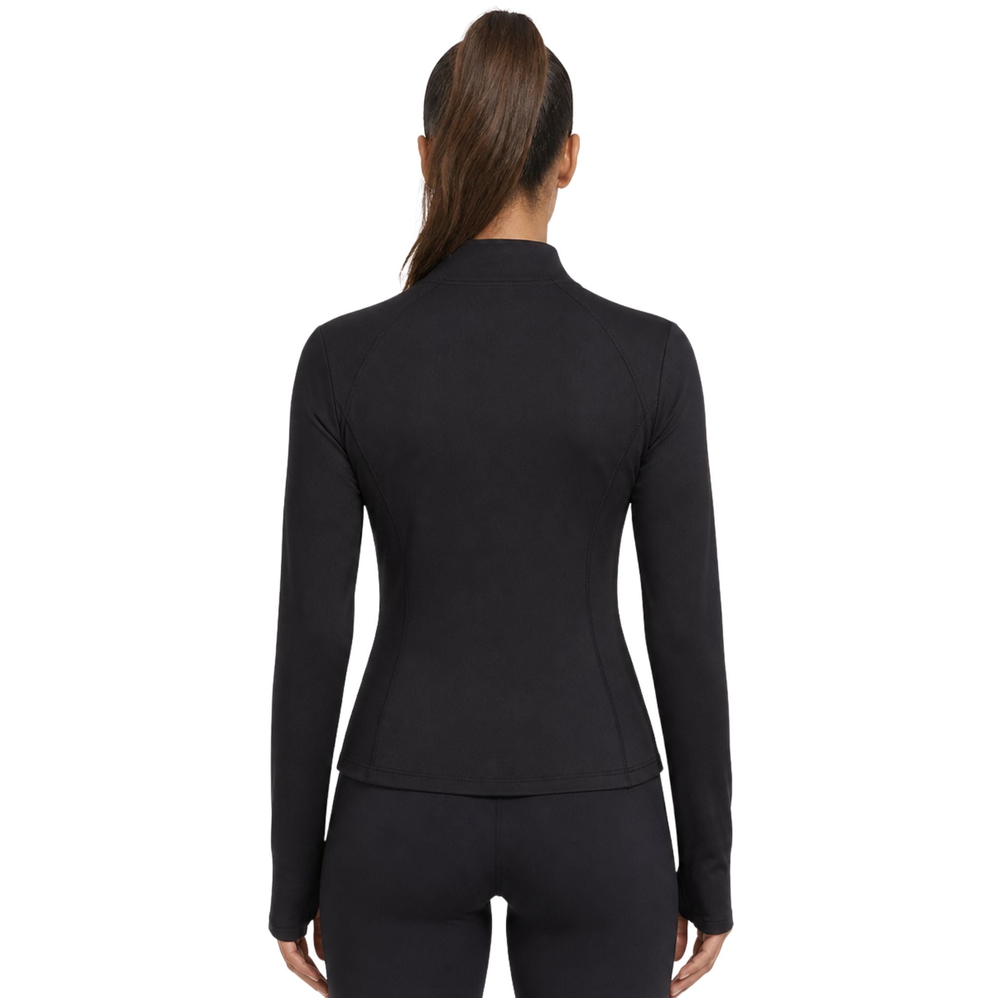 Back view of woman wearing black LumaZip lightweight performance zip jacket with Peak Collective logo on white background – breathable women’s running and gym training jacket for fitness workouts, jogging, and everyday activewear