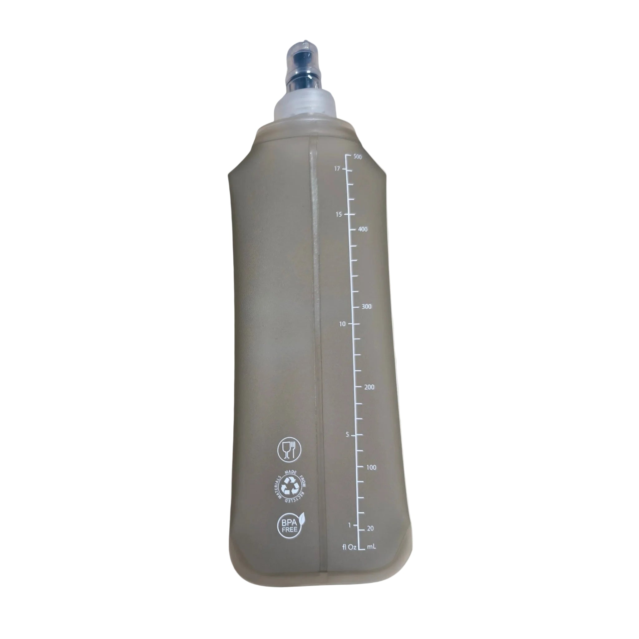 Soft silicone PeakHydra water bottle with clear measurement markings, displayed on a white background, perfect for running, sports, training, and outdoor activities.