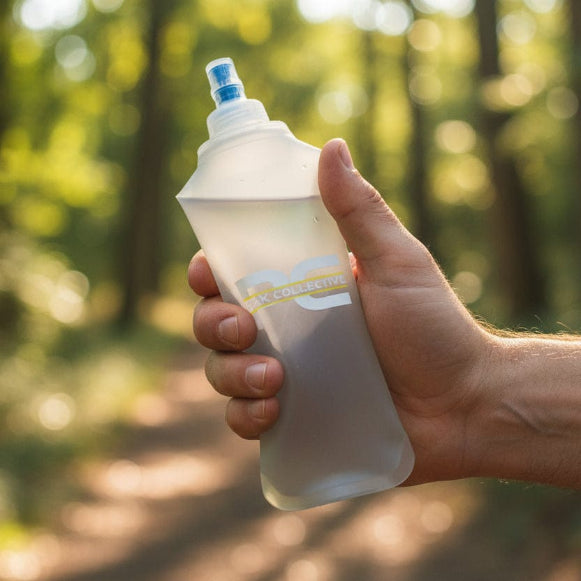Flexible PeakHydra soft water bottle with bite valve held by model in forest background, perfect for running, fitness, and staying hydrated outdoors.