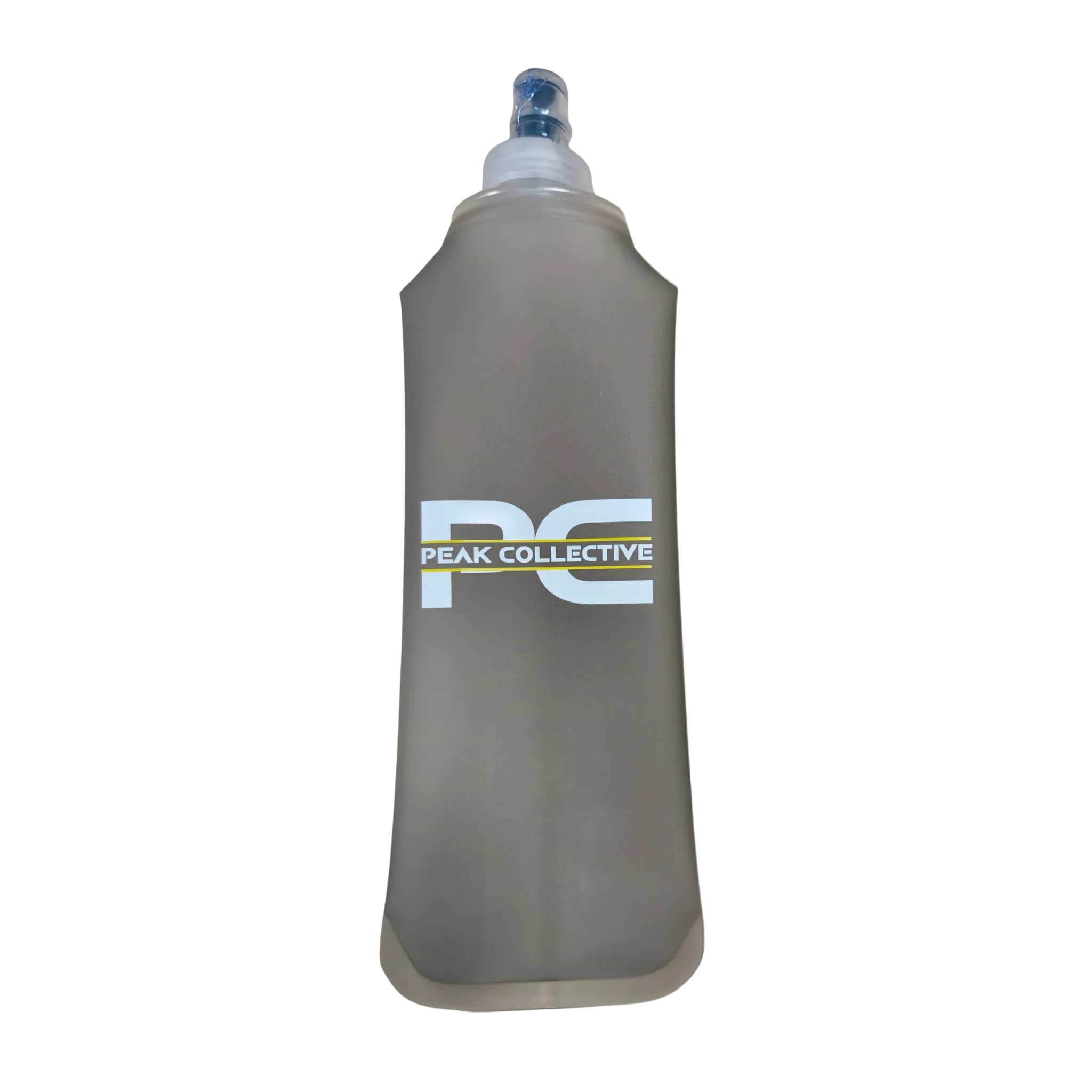 Grey PeakHydra soft running water bottle with Peak Collective logo on a white background, designed for lightweight hydration during running, training, and outdoor activity.
