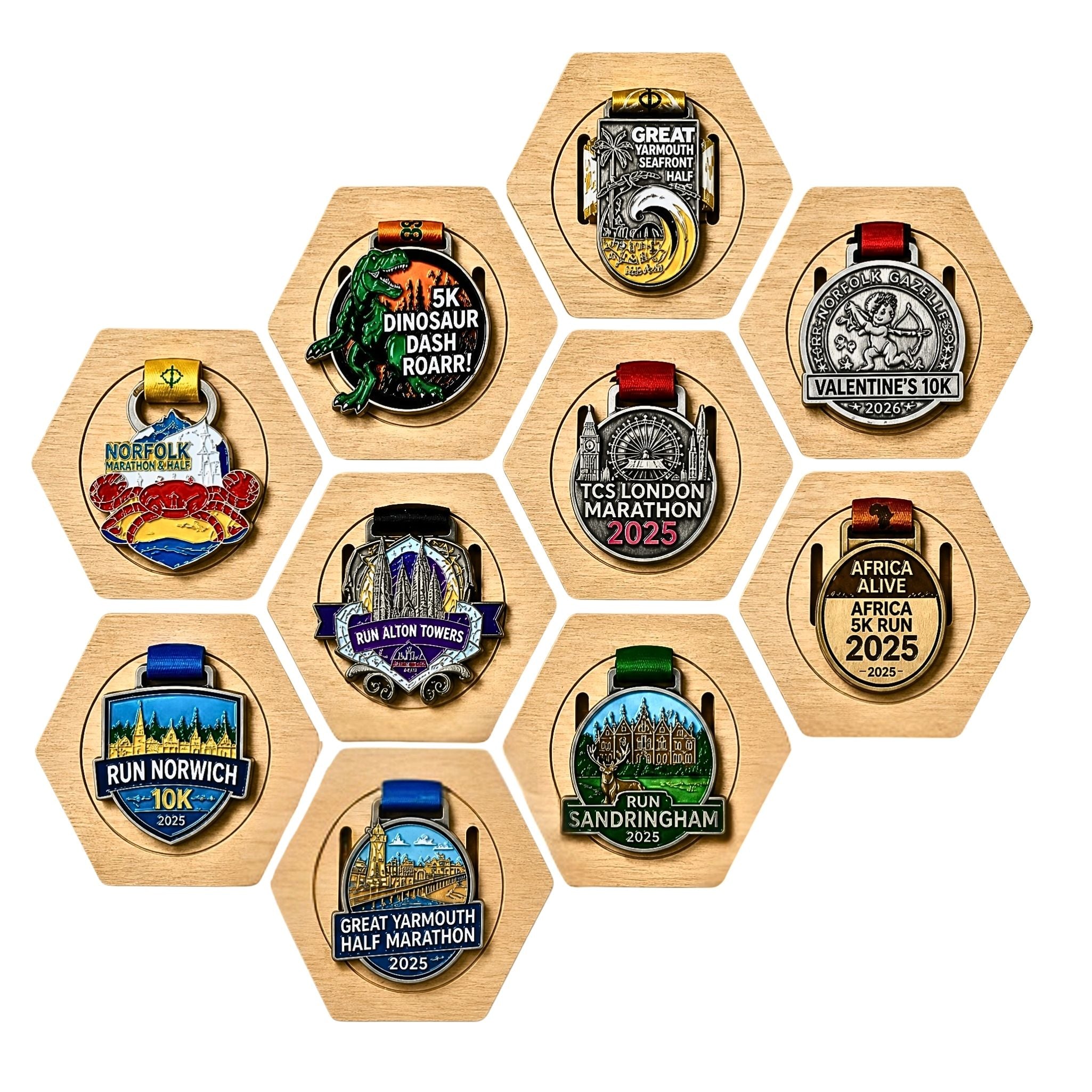 Ten-piece hexagonal wooden medal display set with engraved metal coins on white background – modular wall-mounted holders for showcasing running medals, sports achievements, commemorative coins, and athletic awards