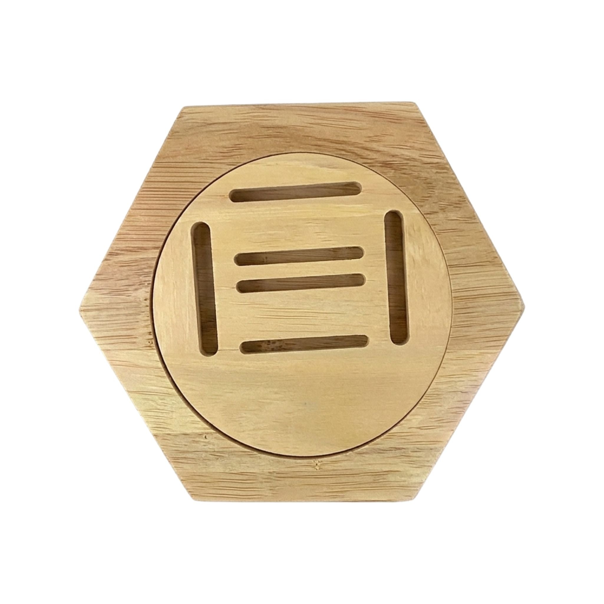1 piece hexagonal wooden medal display from PeakMedal with circular central design on a light grey background, ideal for showcasing running and sports medals.