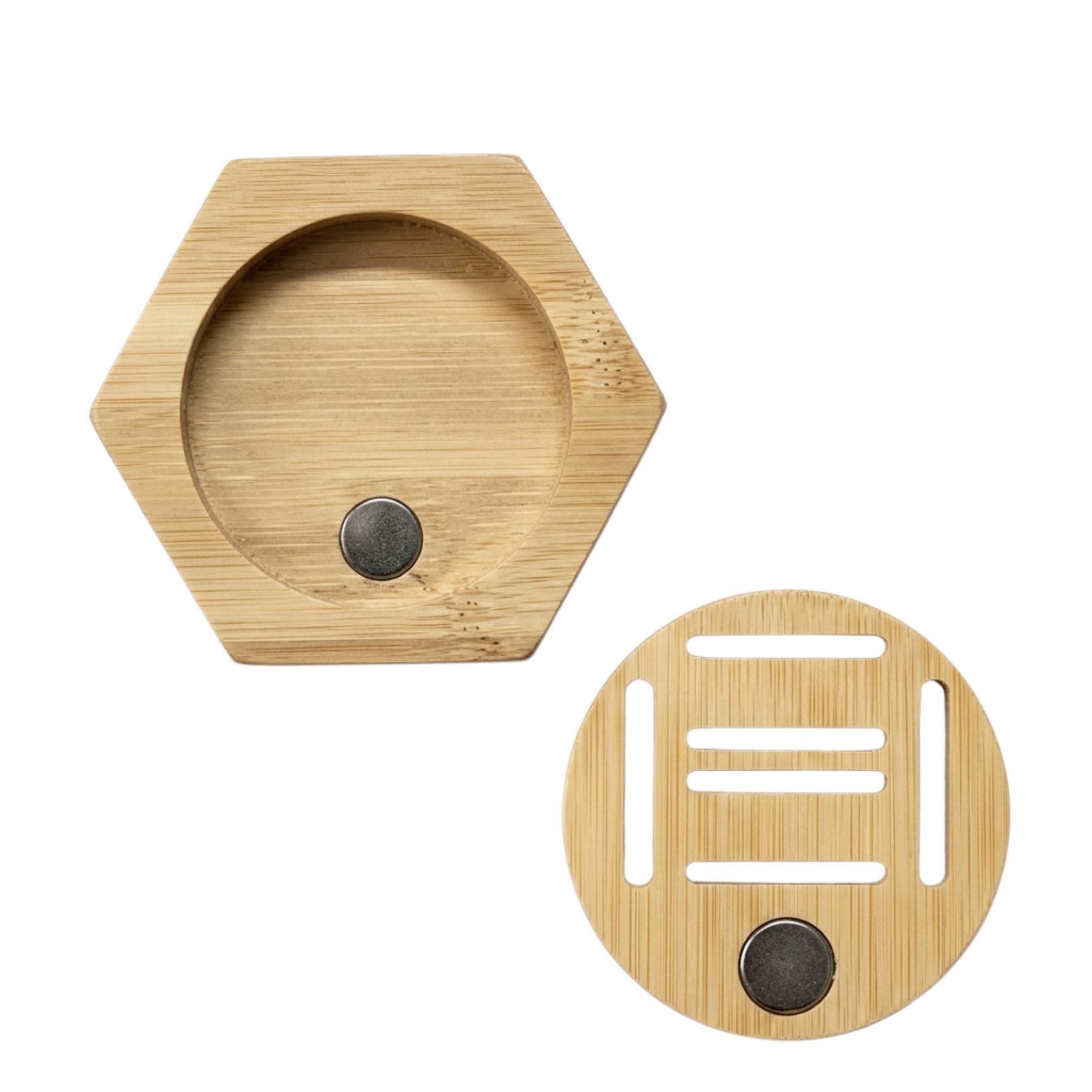 PeakMedal hexagonal wooden medal holders magnetically connected, demonstrating modular design for arranging and expanding running and sports medal displays.