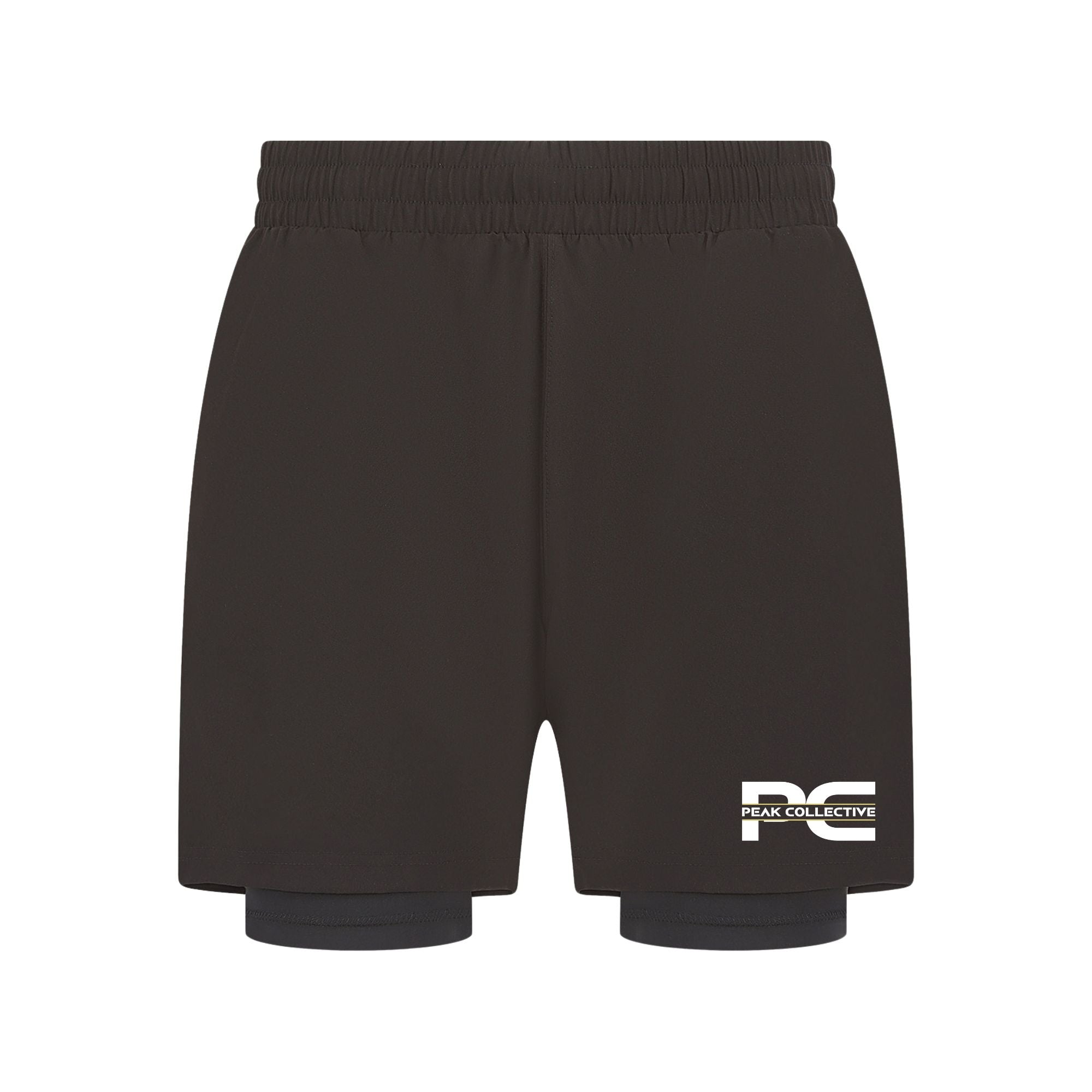 StrideShorts men’s black double-layer sports shorts with four-way stretch, integrated undershorts, and zip pockets on a light grey background, ideal for running and gym workouts.