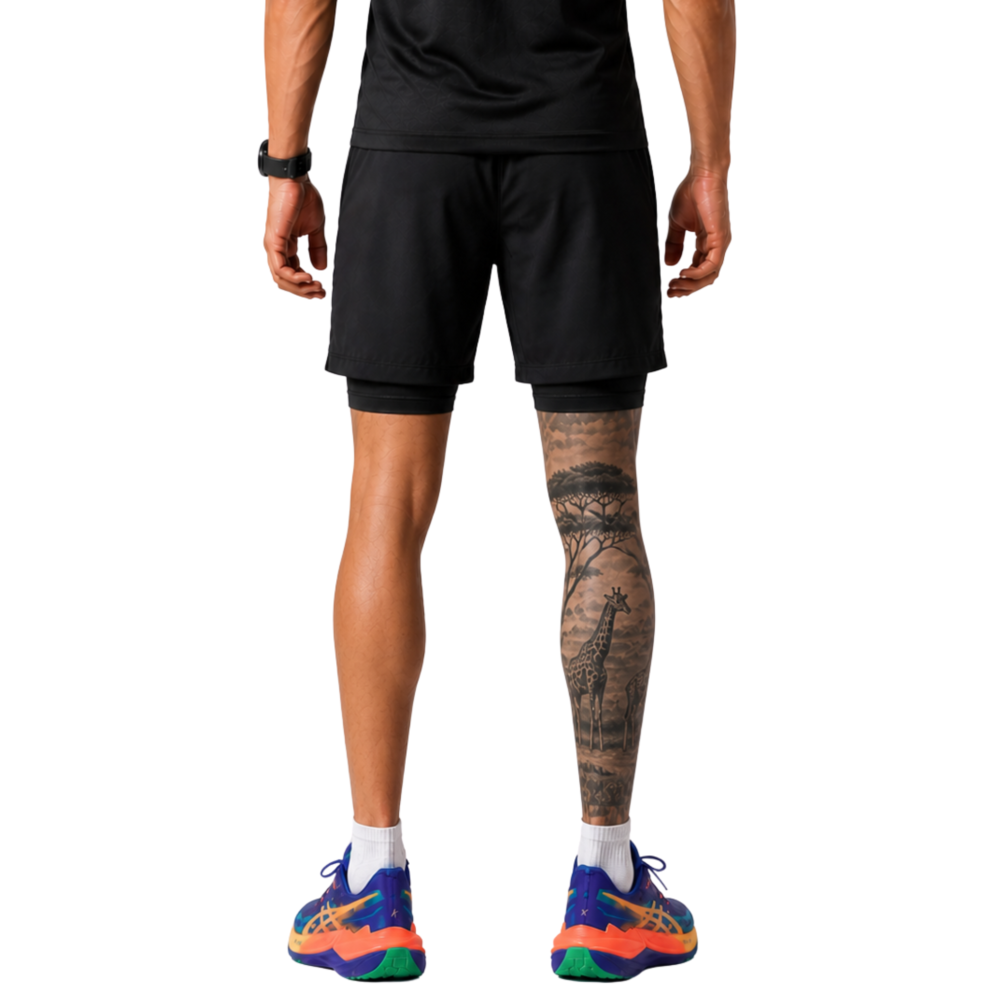 Back view of man wearing black StrideShorts double-layer athletic shorts with built-in undershorts and logo on white background – lightweight men’s running shorts for gym workouts, training, jogging, and activewear performance