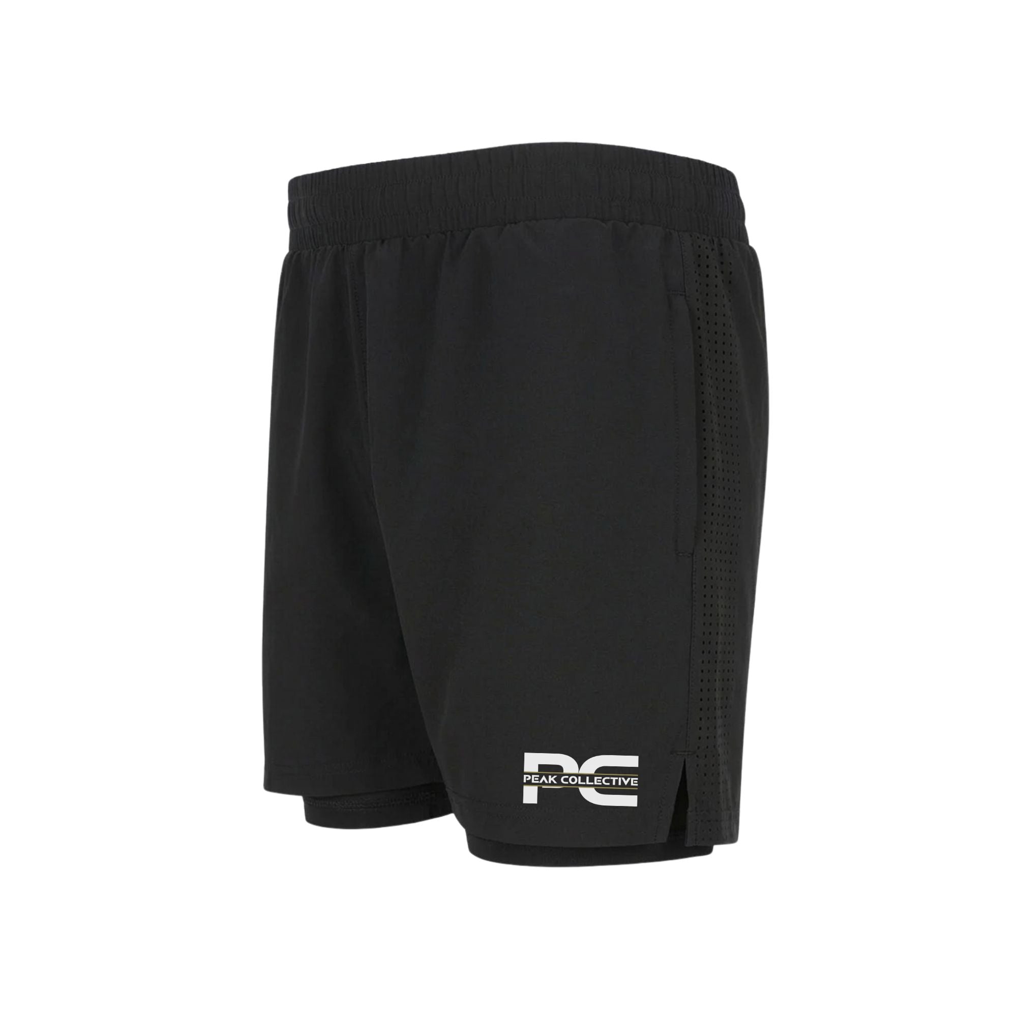 Side view of StrideShorts men’s black double-layer sports shorts with four-way stretch, integrated undershorts, and zip pockets on a light grey background, ideal for running and gym workouts.