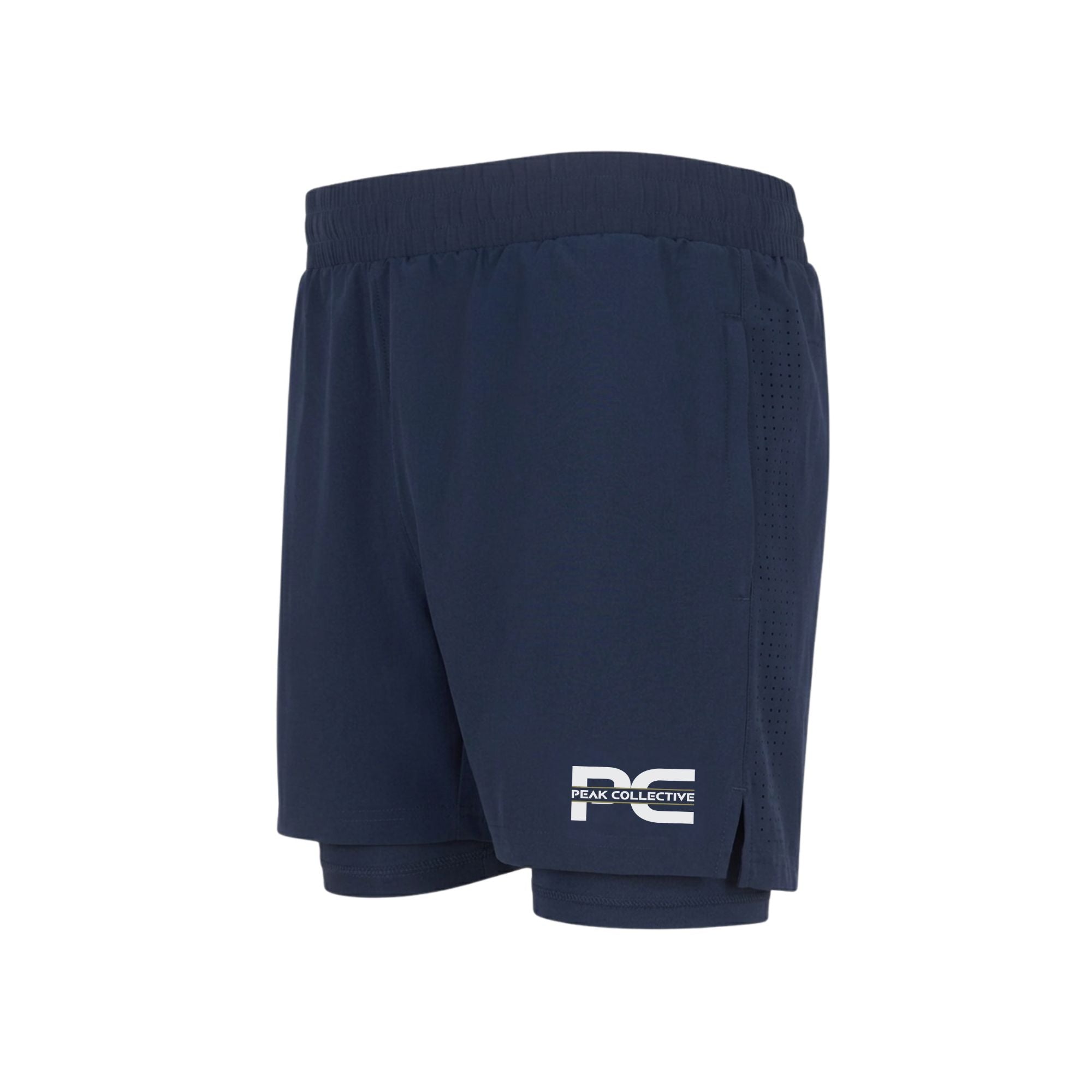 Side view of StrideShorts men’s navy blue double-layer sports shorts with four-way stretch, integrated undershorts, and zip pockets on a light grey background, ideal for running and gym workouts.
