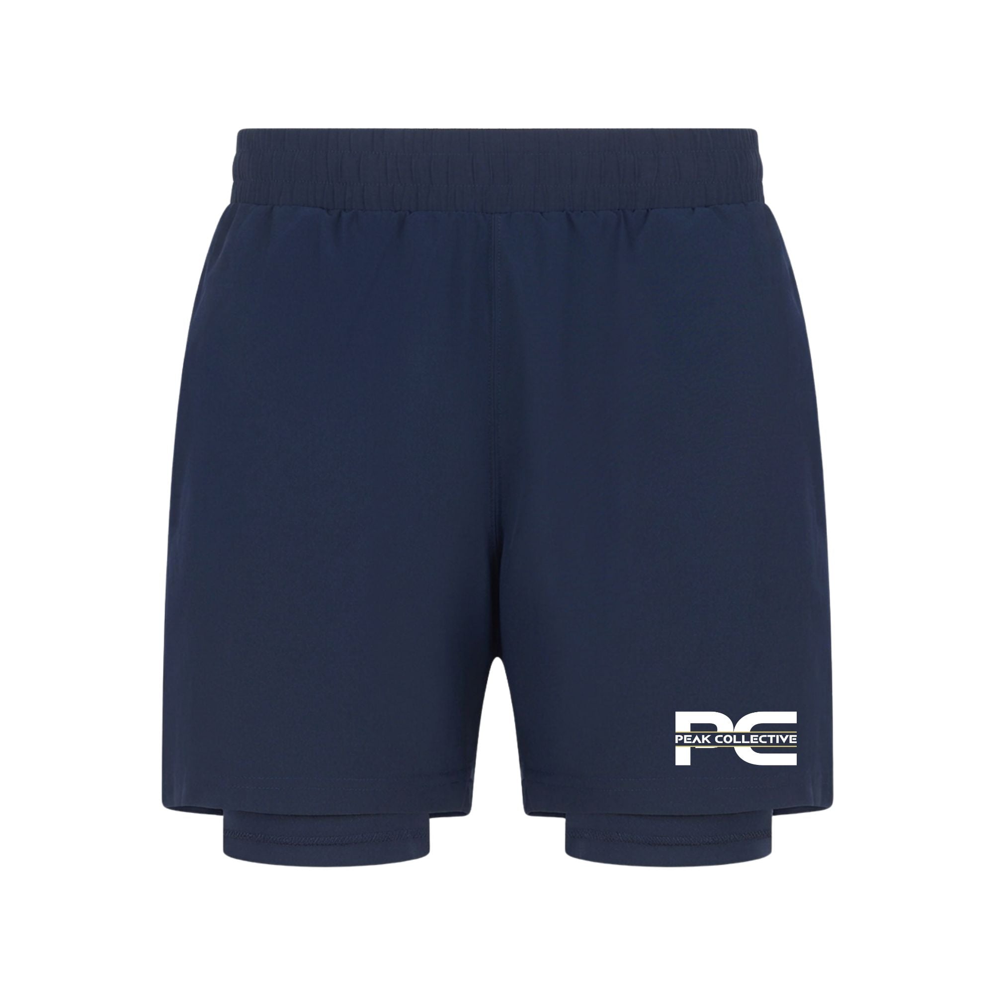 StrideShorts men’s navy blue double-layer sports shorts with four-way stretch, integrated undershorts, and zip pockets on a light grey background, ideal for running and gym workouts.
