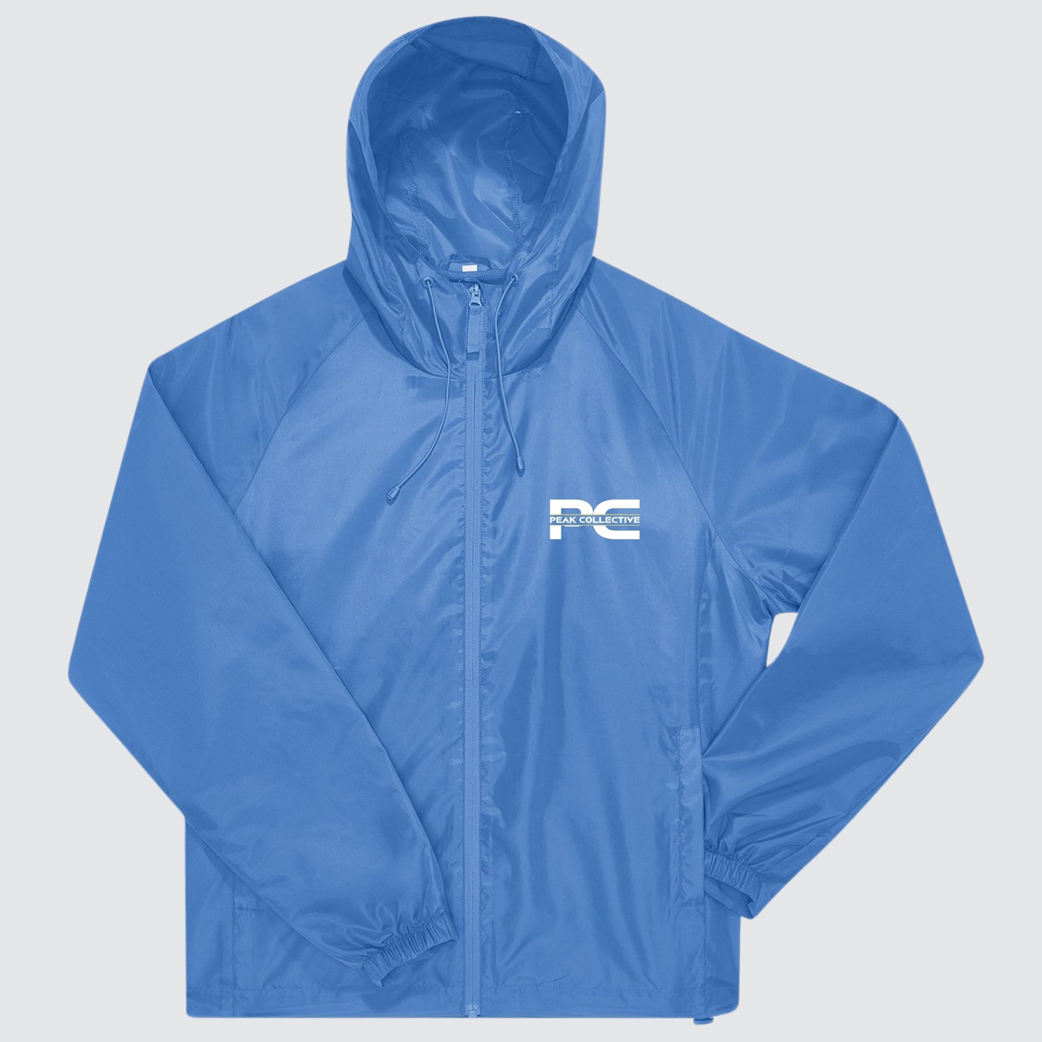 Sapphire Blue unisex AerisShell lightweight windbreaker with logo, lightweight performance jacket shown on a light grey background, ideal for running, workouts, and active movement.
