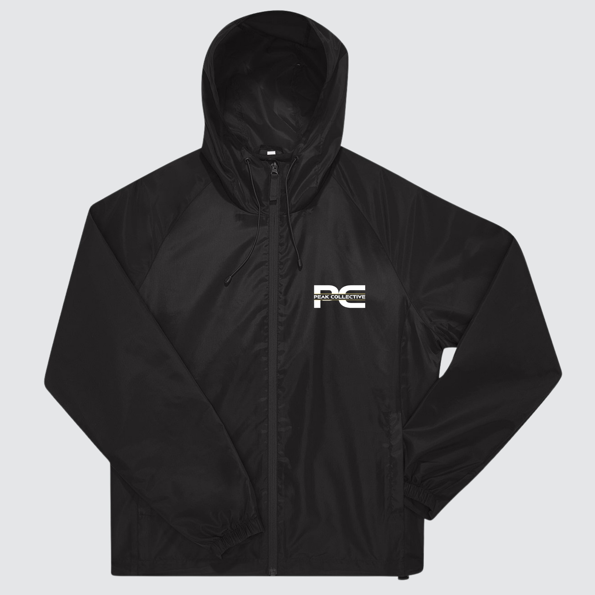 Unisex AerisShell lightweight windbreaker jacket in black with logo, displayed on a light grey background, designed for running, training, and outdoor activities.