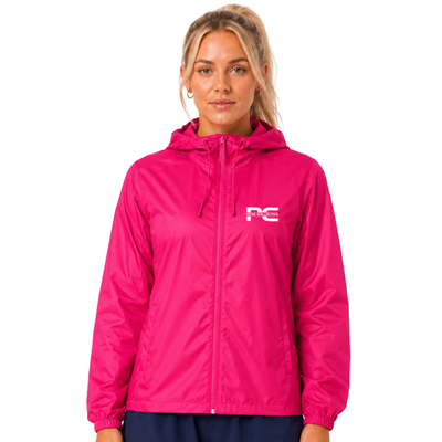 Model wearing pink AerisShell lightweight performance windbreaker jacket with visible brand logo on white background – breathable activewear layer for running, outdoor training, workouts, and everyday movement