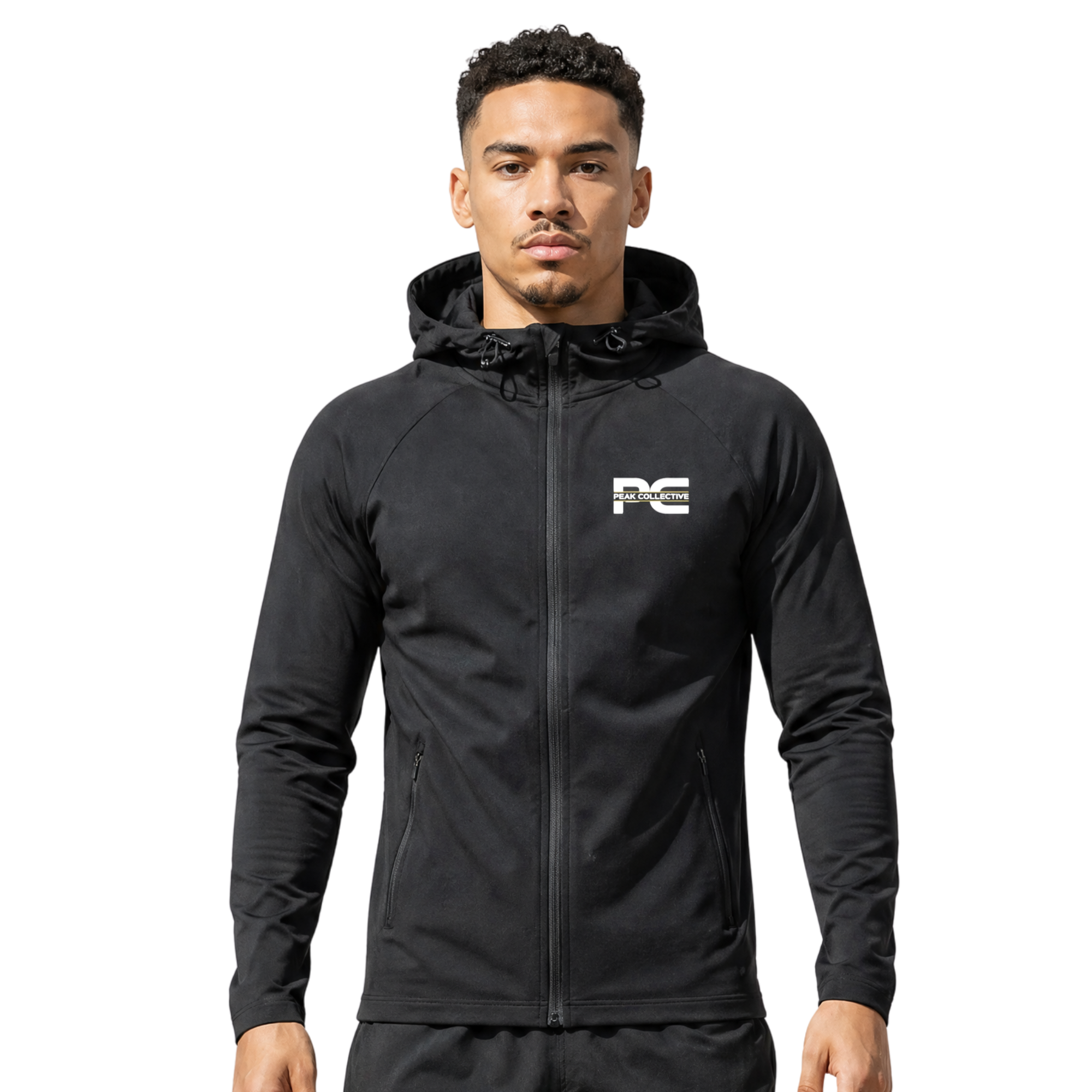 Male model wearing black unisex performance zip running jacket on plain white studio background