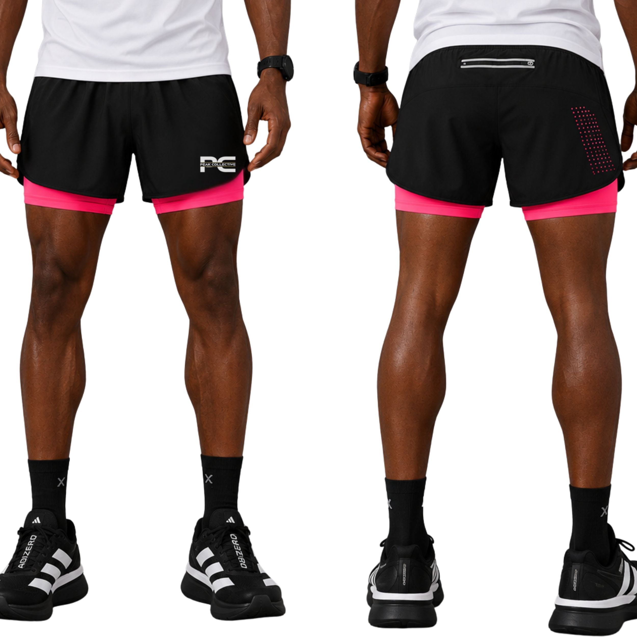 Male model wearing pink AeroShorts double-layer athletic running shorts with built-in coverage undershorts on white background – lightweight men’s performance shorts for running, gym workouts, jogging, and marathon training