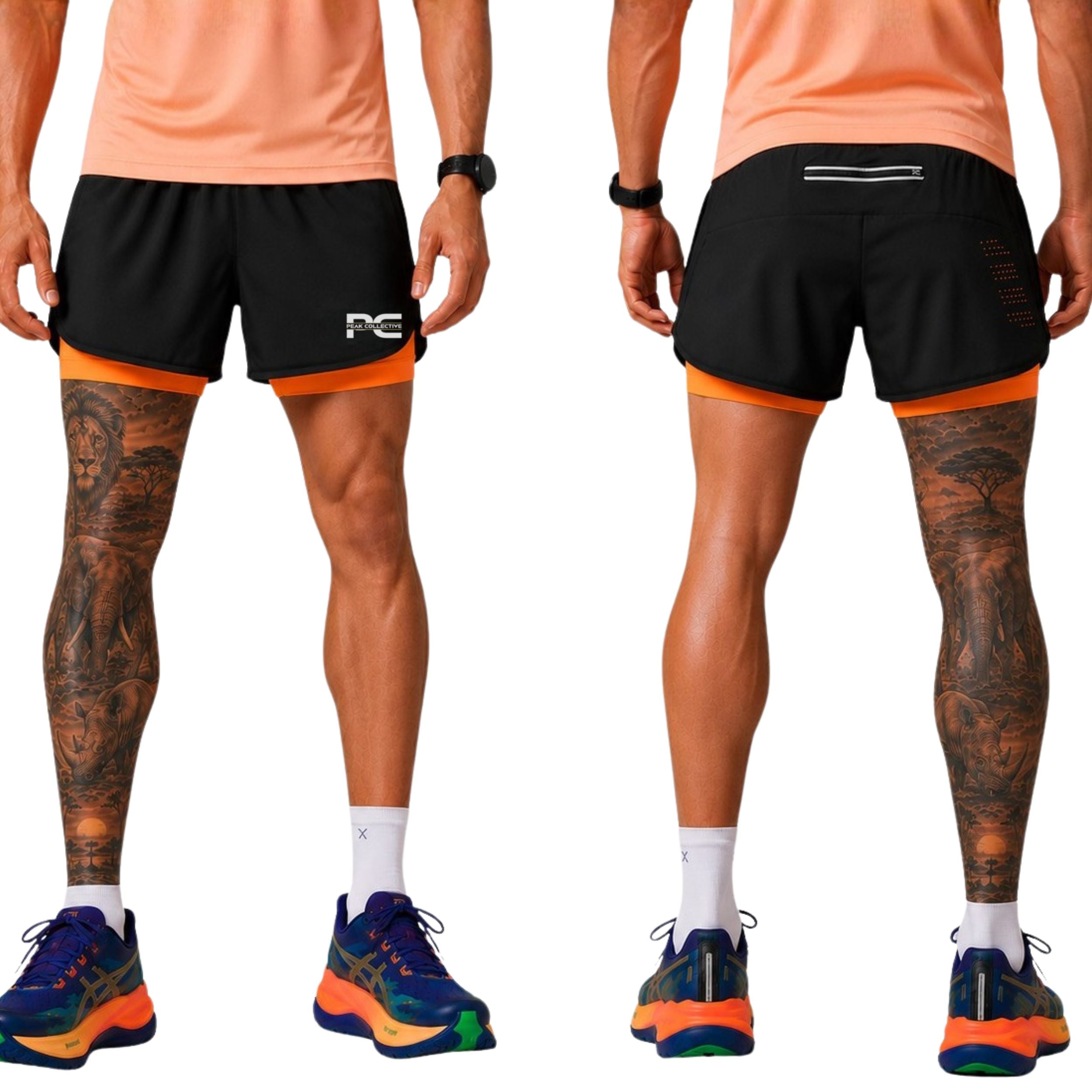 Male model wearing orange AeroShorts double-layer athletic running shorts with built-in coverage undershorts on white background – lightweight men’s performance shorts for running, gym workouts, jogging, and marathon training