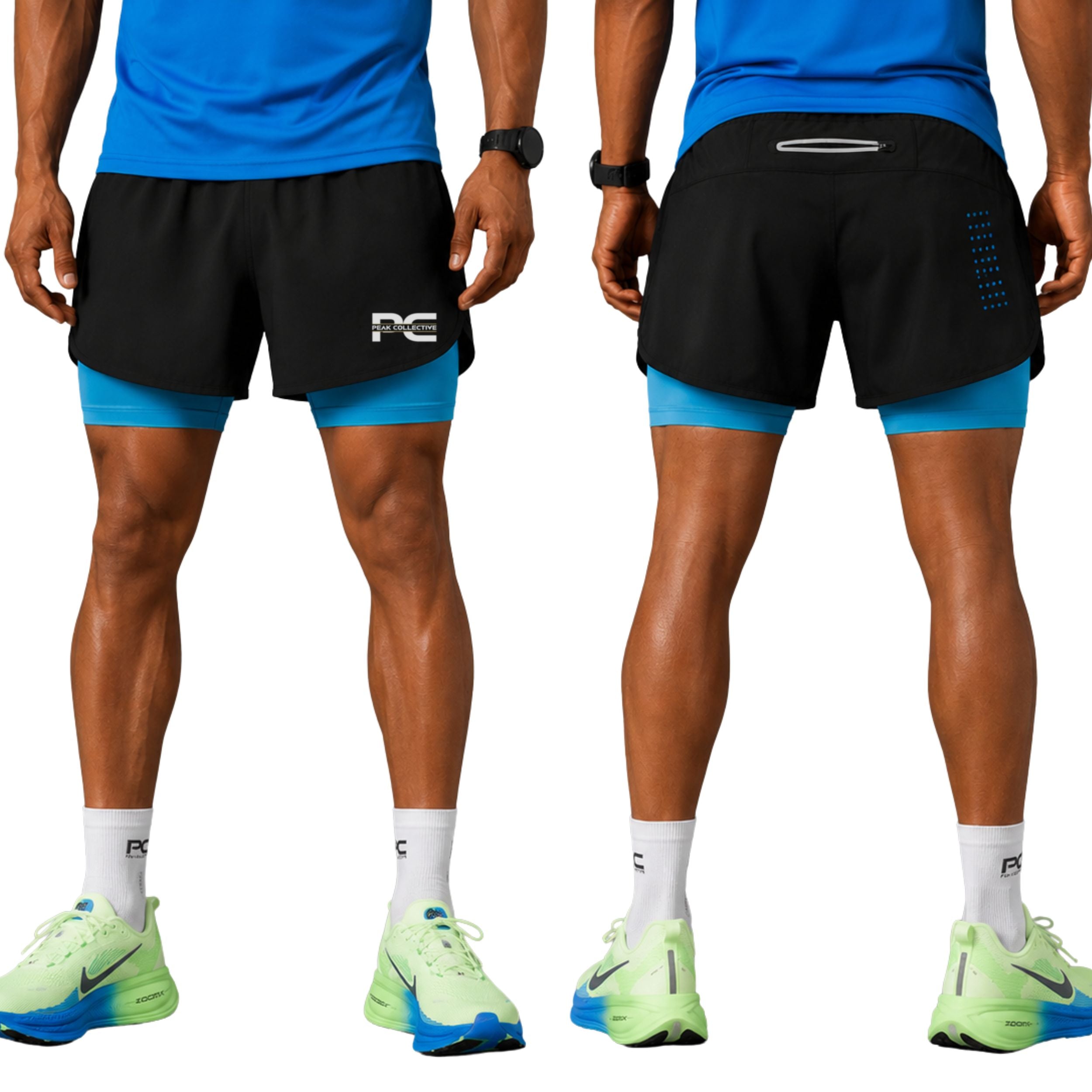 Male model wearing Blue AeroShorts double-layer athletic running shorts with built-in coverage undershorts on white background – lightweight men’s performance shorts for running, gym workouts, jogging, and marathon training