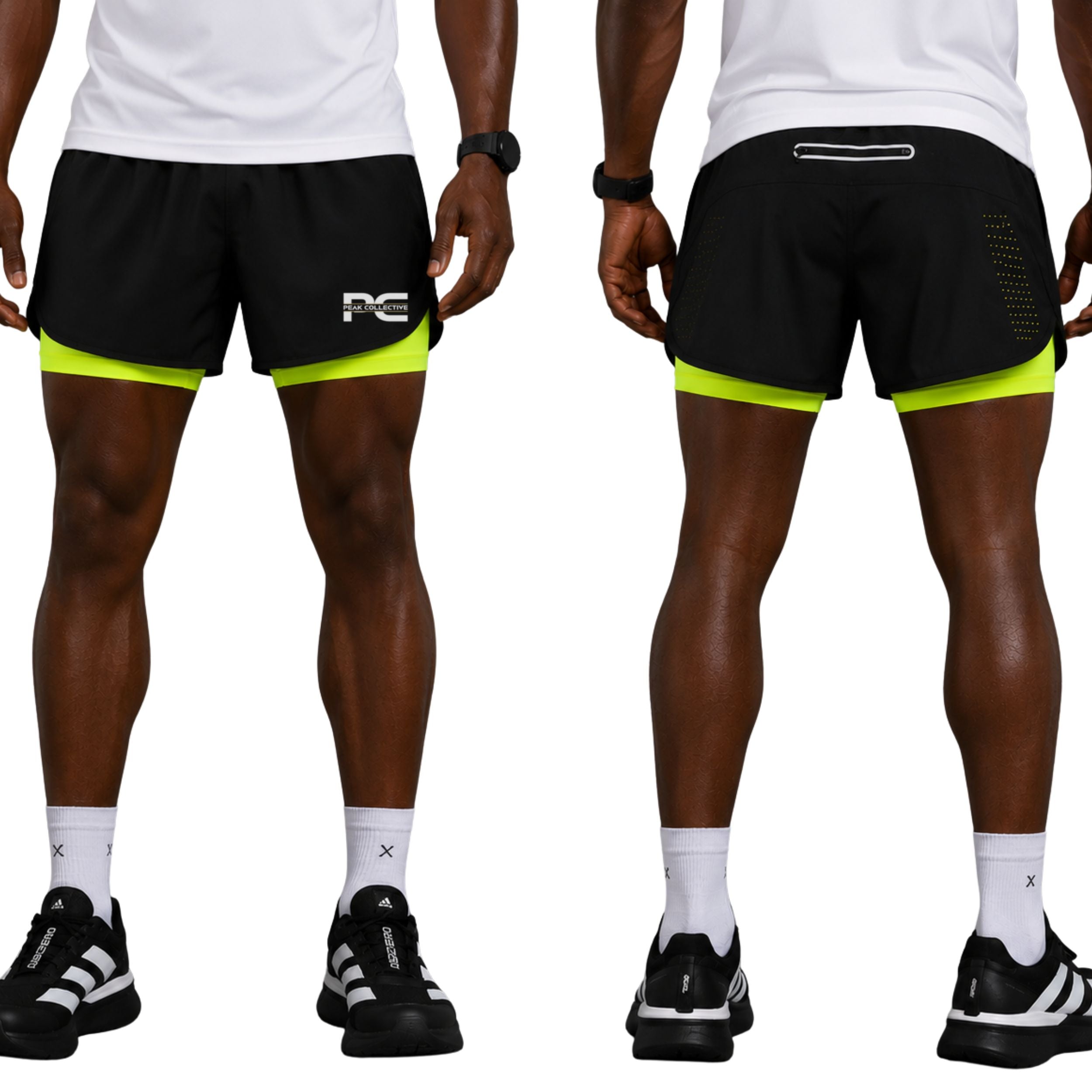 Male model wearing neon green AeroShorts double-layer athletic running shorts with built-in coverage undershorts on white background – lightweight men’s performance shorts for running, gym workouts, jogging, and marathon training