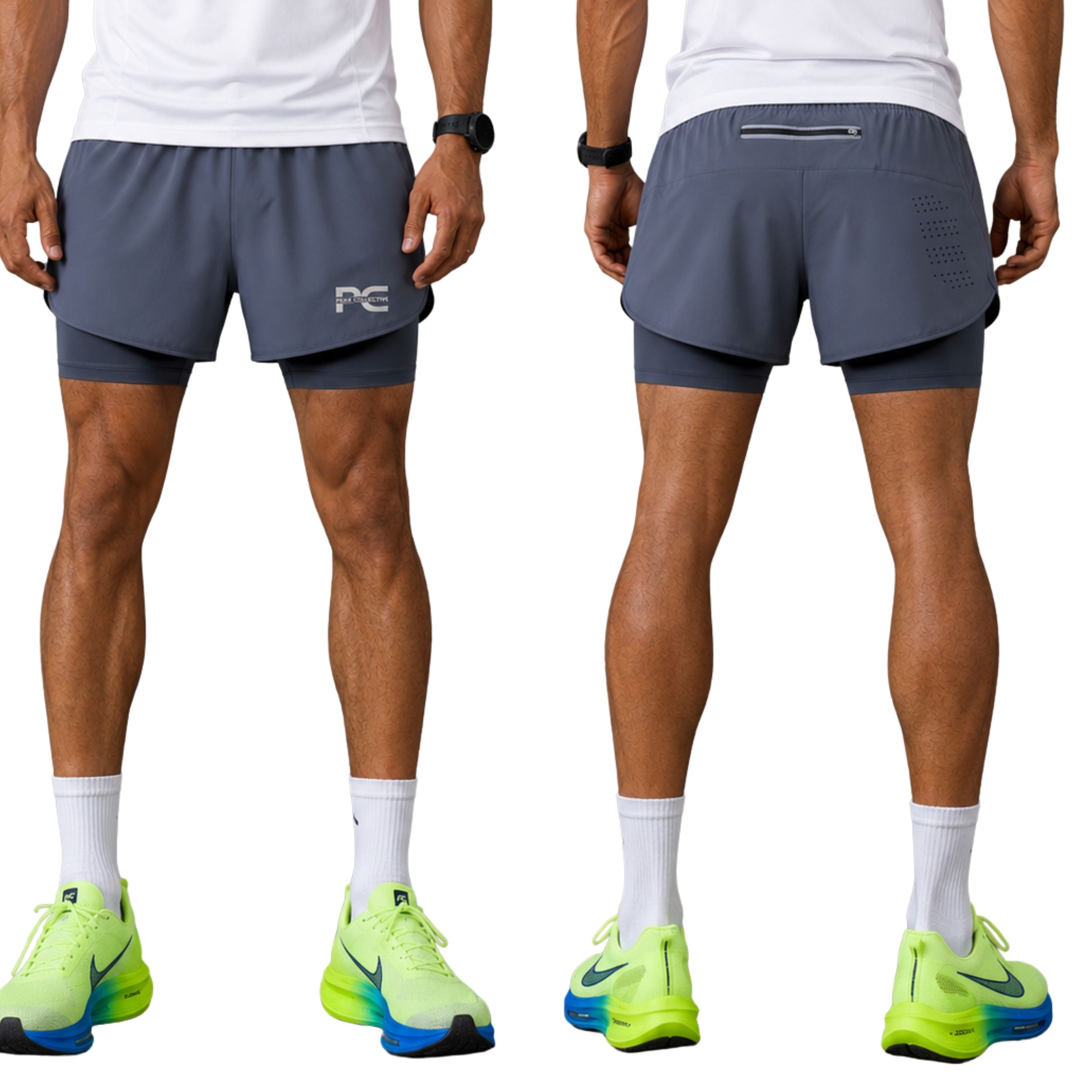 Male model wearing Grey AeroShorts double-layer athletic running shorts with built-in coverage undershorts on white background – lightweight men’s performance shorts for running, gym workouts, jogging, and marathon training
