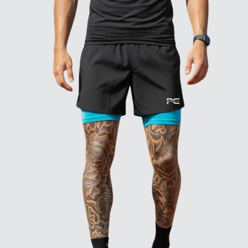 Person wearing AeroShorts athletic shorts in Blue with a visible brand logo on a plain background, designed for running, training, and lightweight performance comfort.