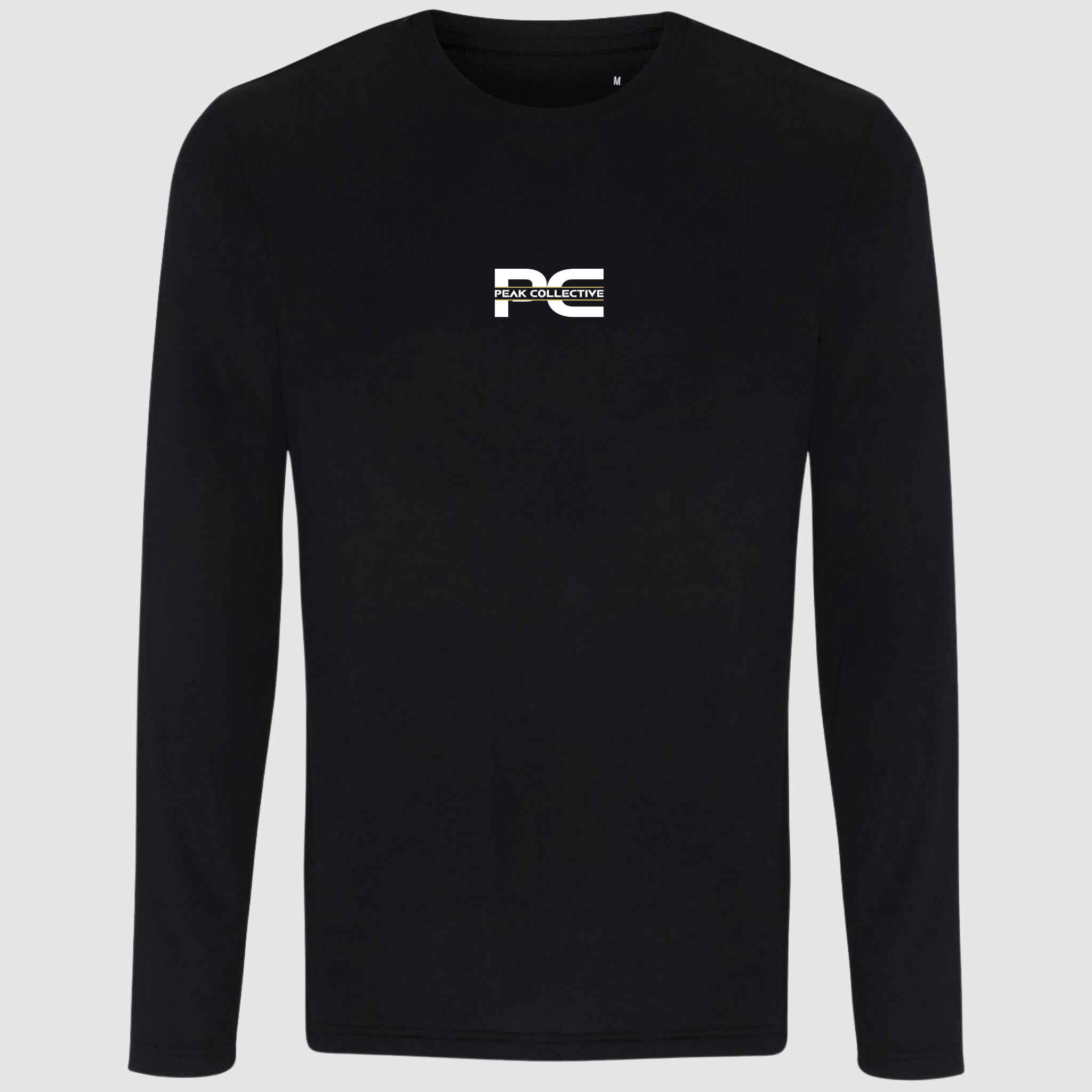 Men’s black AeroSleeve long-sleeve performance top with logo, displayed on a neutral grey background, perfect for training, running, and outdoor workouts.