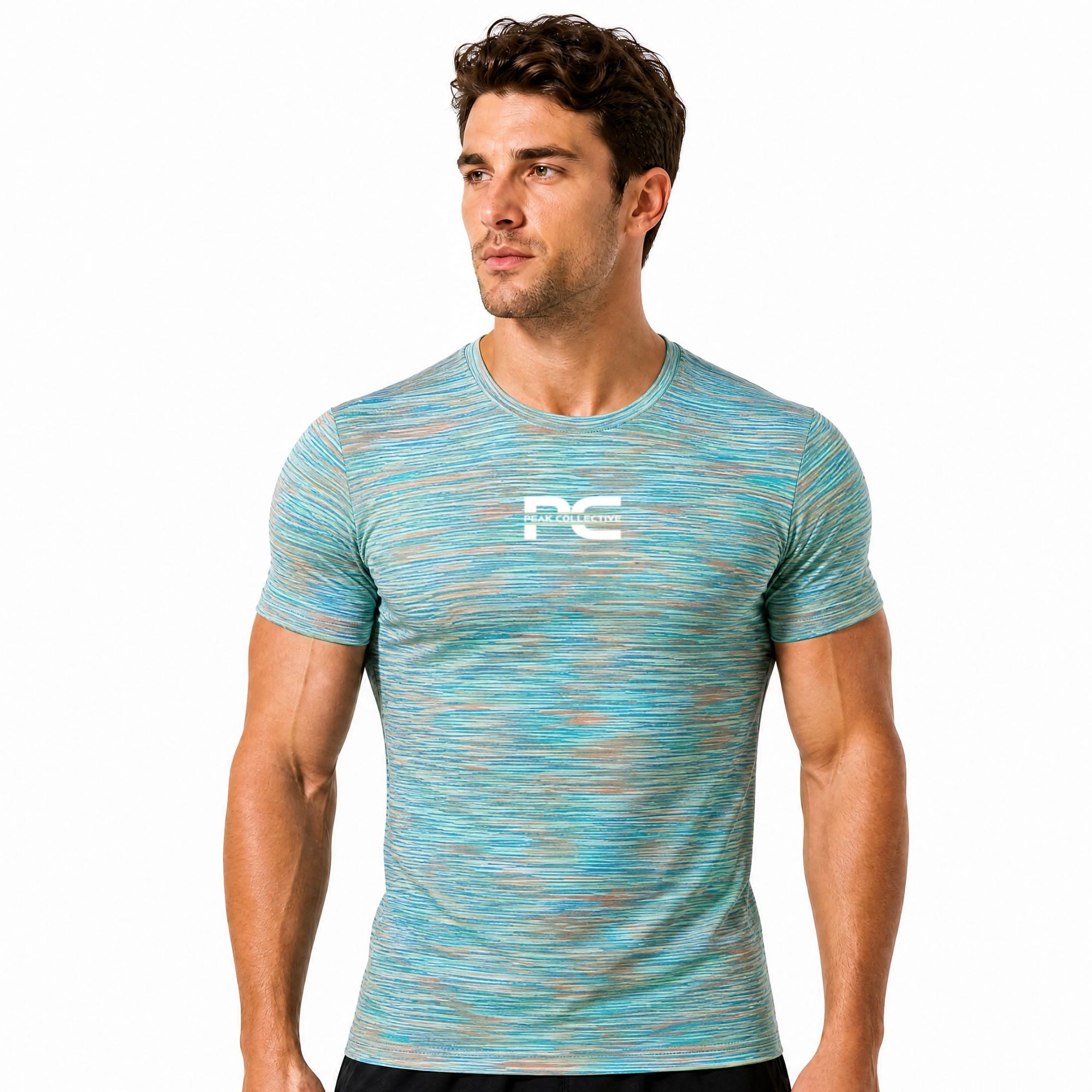 Man wearing Aurora Green patterned athletic AeroSpace t-shirt with logo on white background – breathable men’s performance running shirt for gym workouts, training, jogging, and activewear use