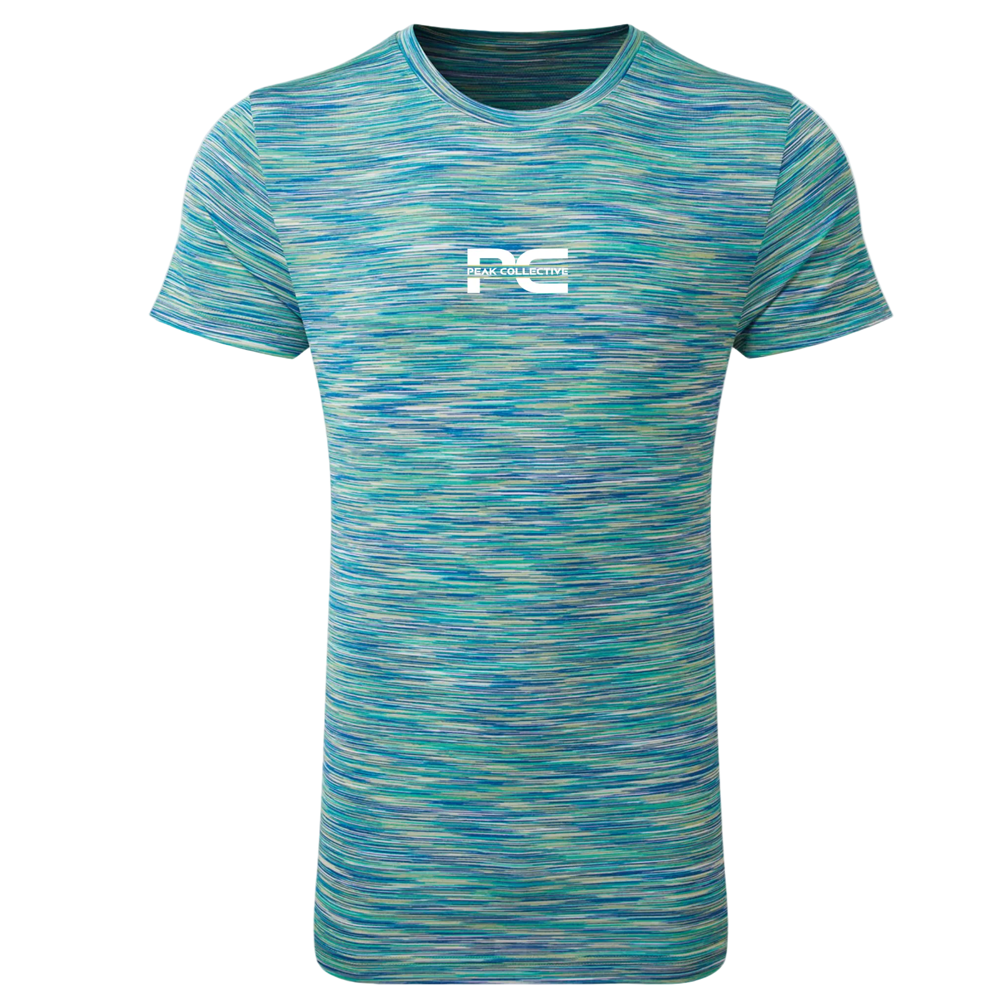 Men’s Blue Static striped running performance t-shirt with logo, breathable athletic sports top on light background.