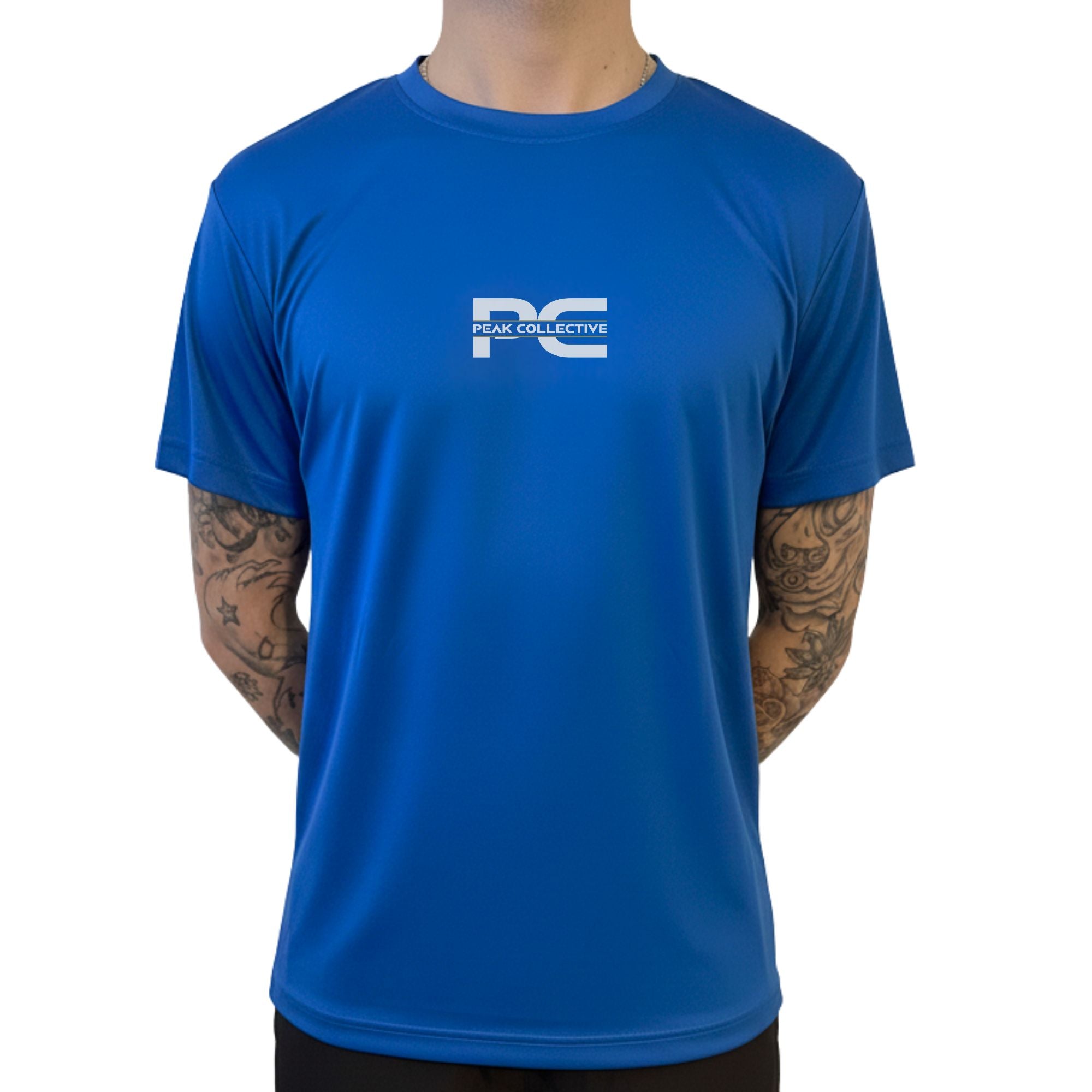 Person wearing AeroTee short sleeve performance top in blue with a visible logo on a white background, designed for running, training, and active wear.